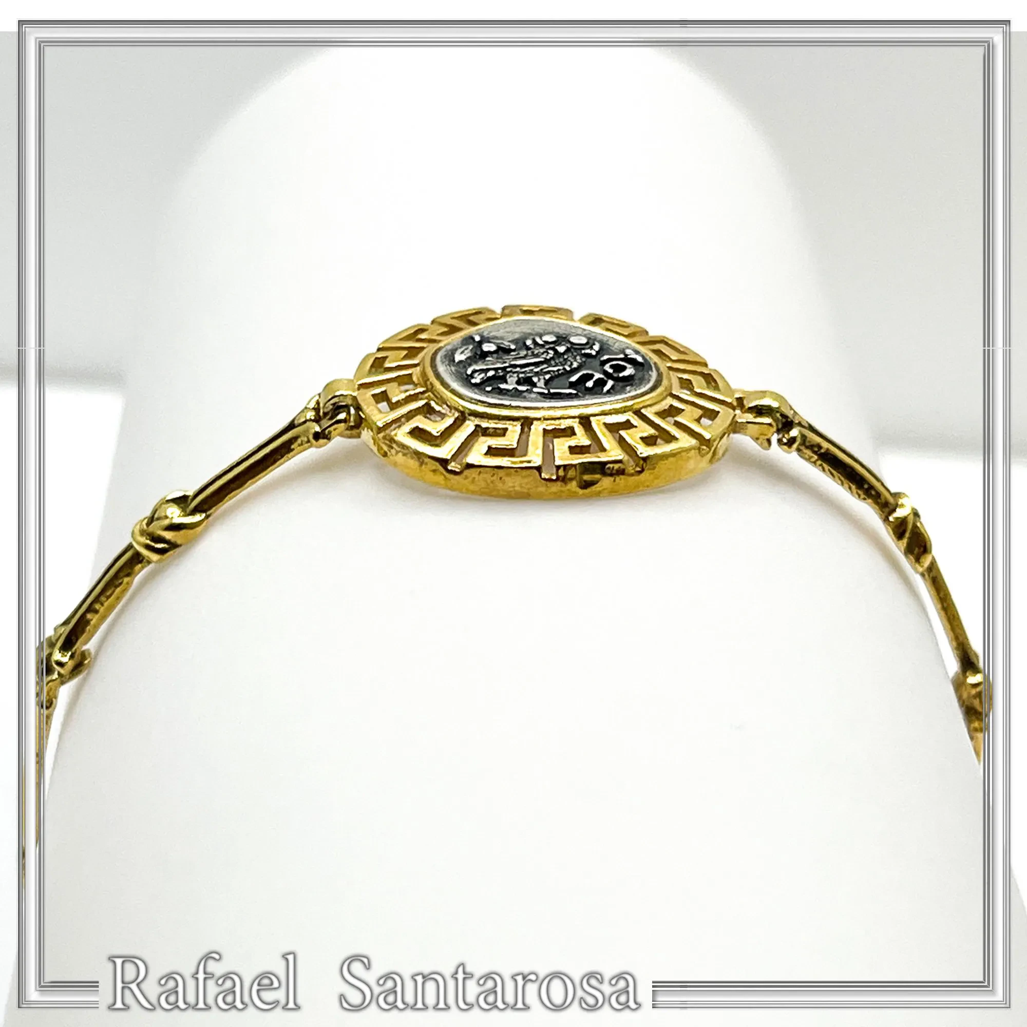 Athena Goddess Owl Tetradrachm Coin Greek Key Bracelet: Oxidized & 18k Gold Filled Sterling Silver — additional product image 2 from Rafael Santarosa Fine Jewelry