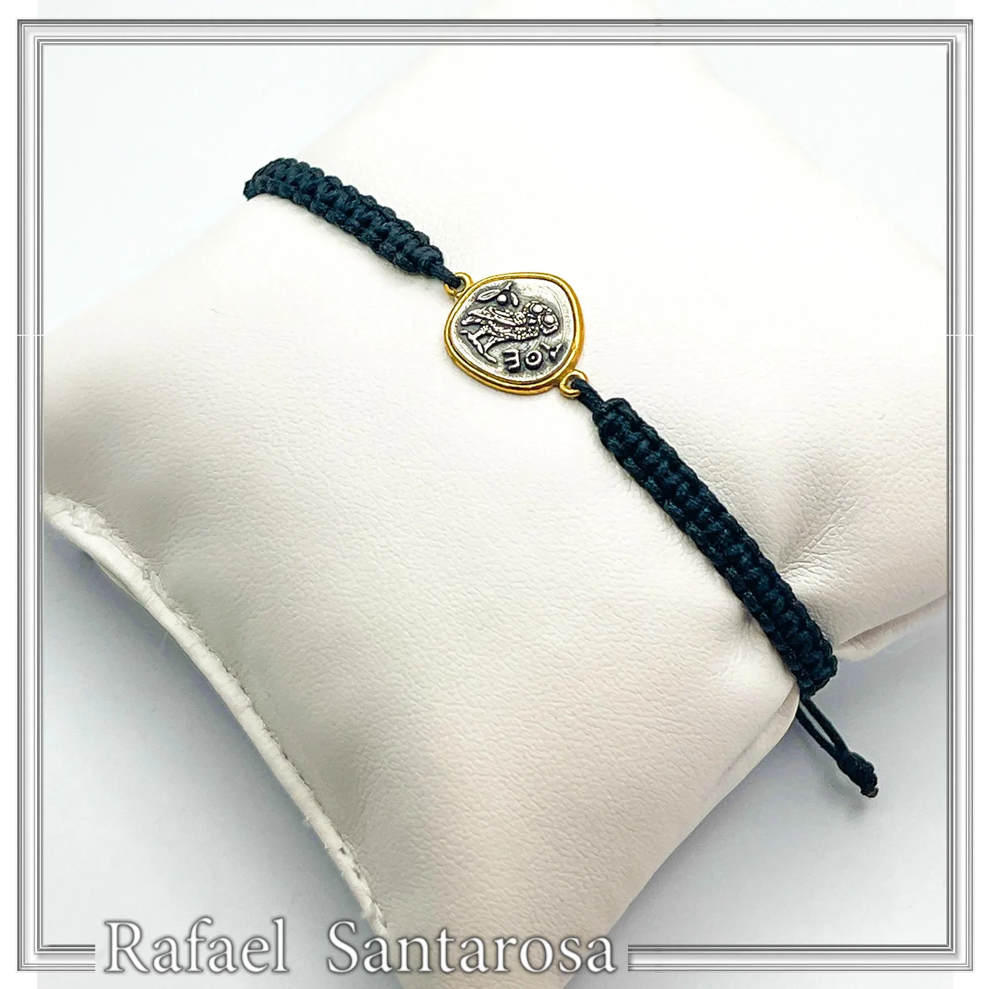 Athena Owl Ancient Greek Tetradrachm Coin Bracelet: Oxidized & Gold Filed Sterling Silver, Macramé Cord — additional product image 6 from Rafael Santarosa Fine Jewelry