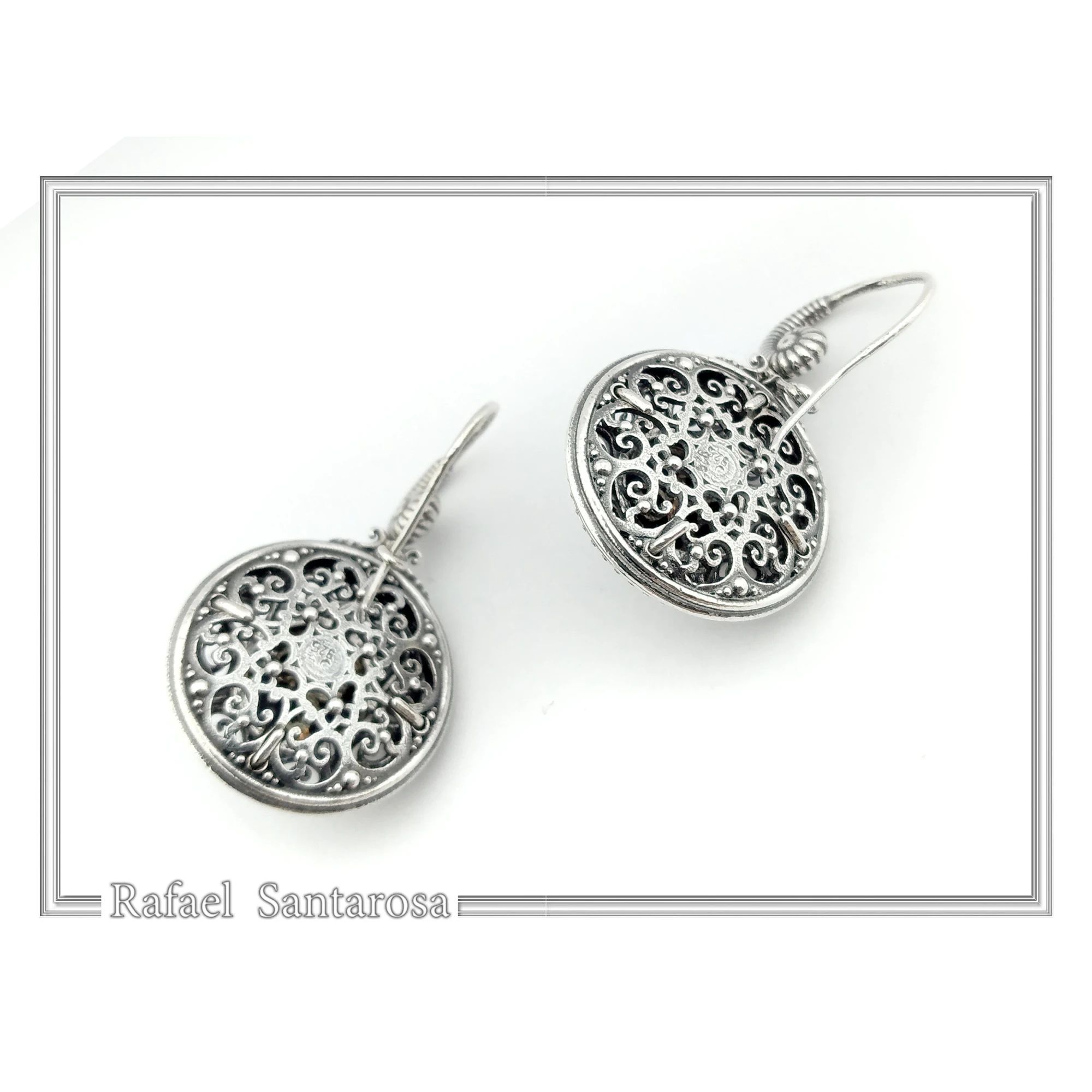Lapis Lazuli Earrings Byzantine Ornaments Decorated with Filigree Bezel: Oxidized and Gold-Filled Sterling Silver — additional product image 8 from Rafael Santarosa Fine Jewelry
