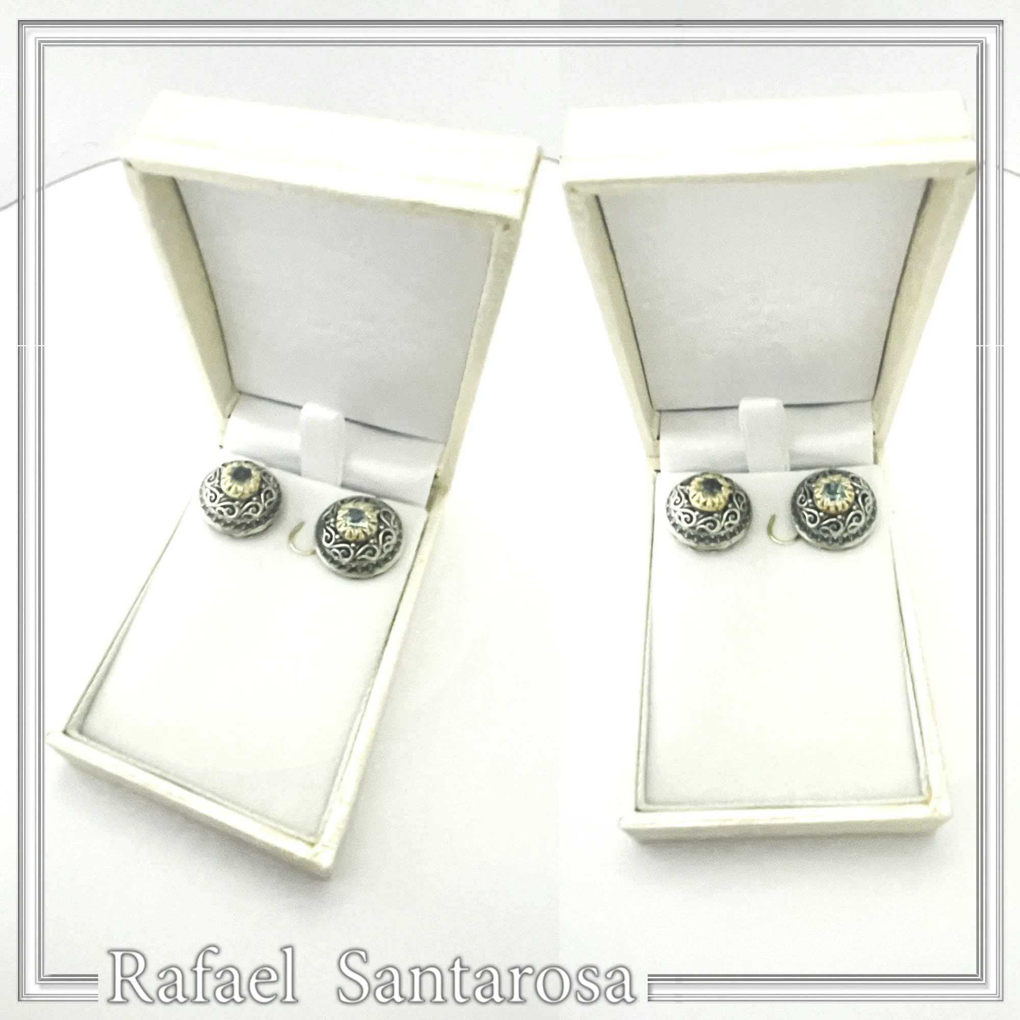 Byzantine Filigree Genuine Blue Topaz Stud Earrings: Oxidised & 18K Gold Filled Sterling Silver — additional product image 10 from Rafael Santarosa Fine Jewelry