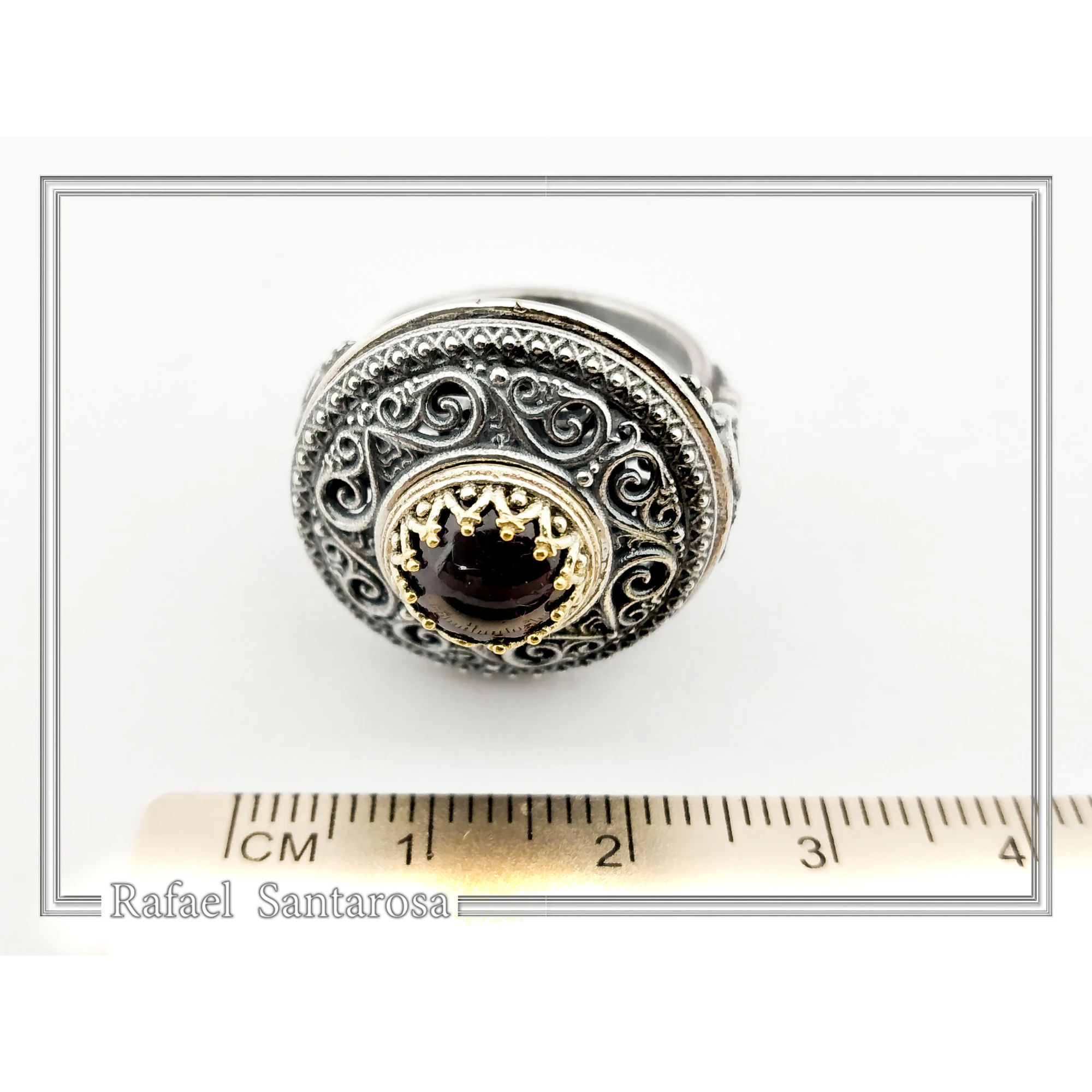Genuine Red Garnet Byzantine Hand Sculptured Ring: Sterling Silver Oxidized and 18K Gold Filled — additional product image 8 from Rafael Santarosa Fine Jewelry