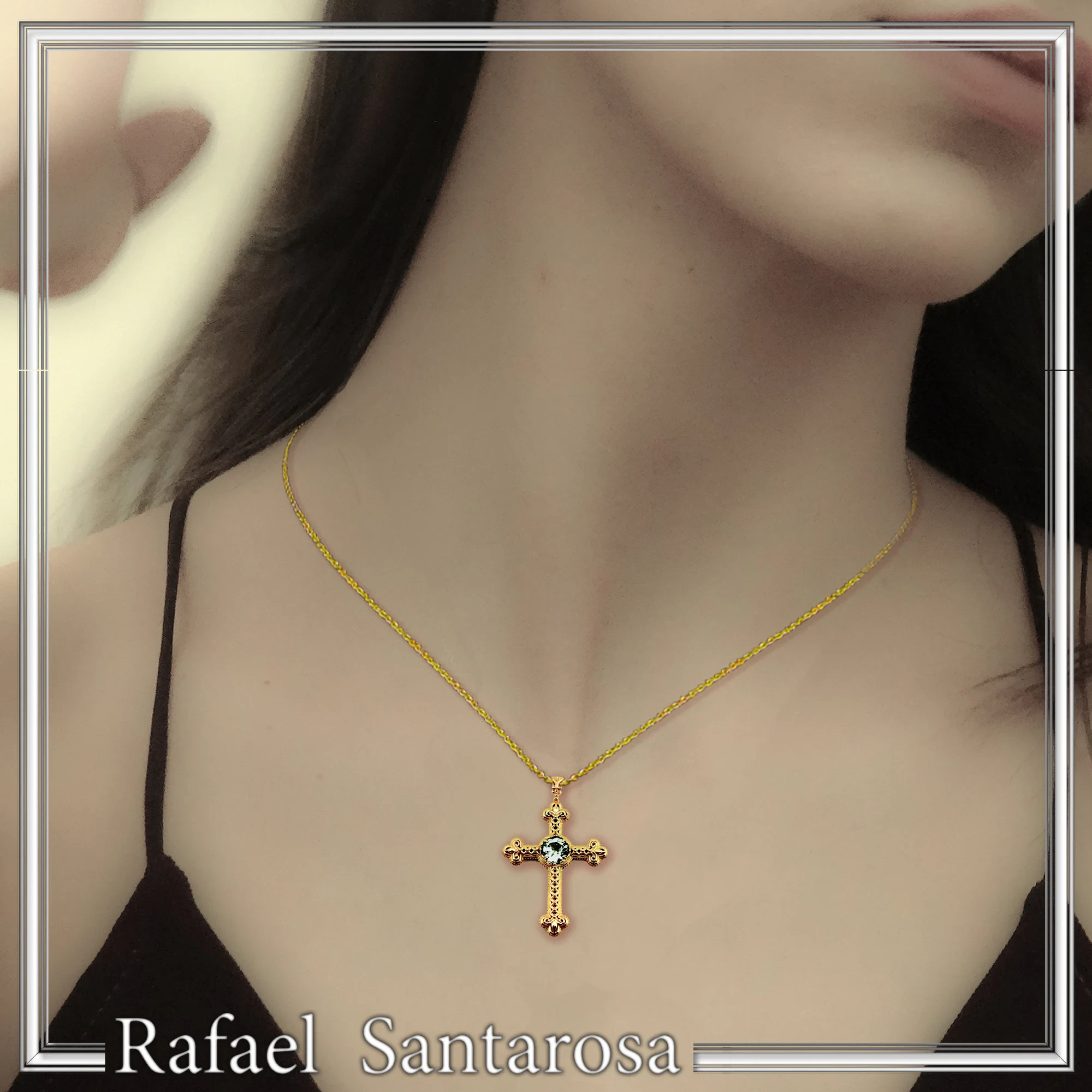Natural Brilliant Cut Sky Blue Topaz Byzantine Filigree Cross Pendant 18K Gold Filled Silver — additional product image 3 from Rafael Santarosa Fine Jewelry