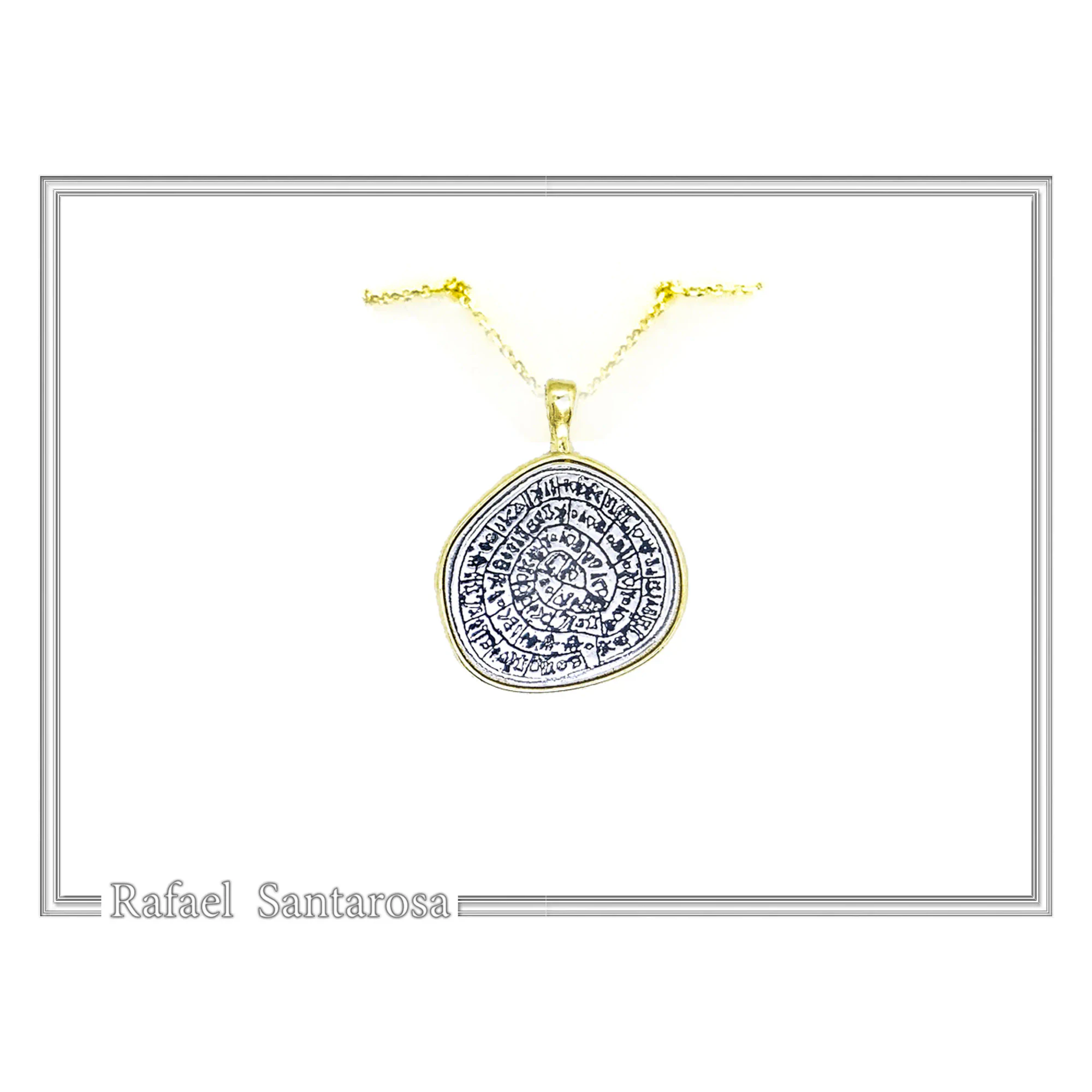 Ancient Greek Calendar Charm Phaistos Disc Pendant: Oxidized Sterling Silver, 18k Gold-Filled, — additional product image 3 from Rafael Santarosa Fine Jewelry