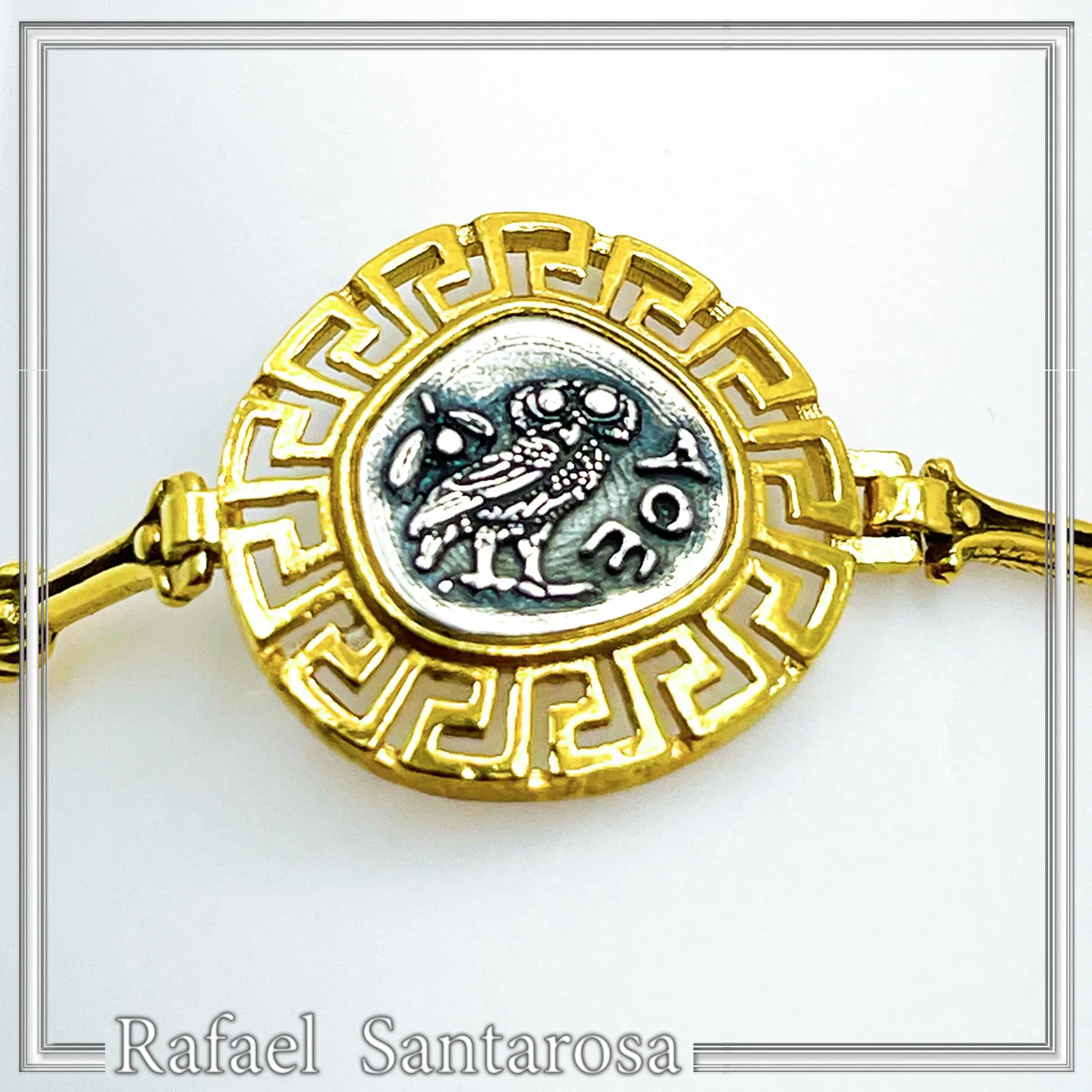 Athena Goddess Owl Tetradrachm Coin Greek Key Bracelet: Oxidized & 18k Gold Filled Sterling Silver — additional product image 6 from Rafael Santarosa Fine Jewelry