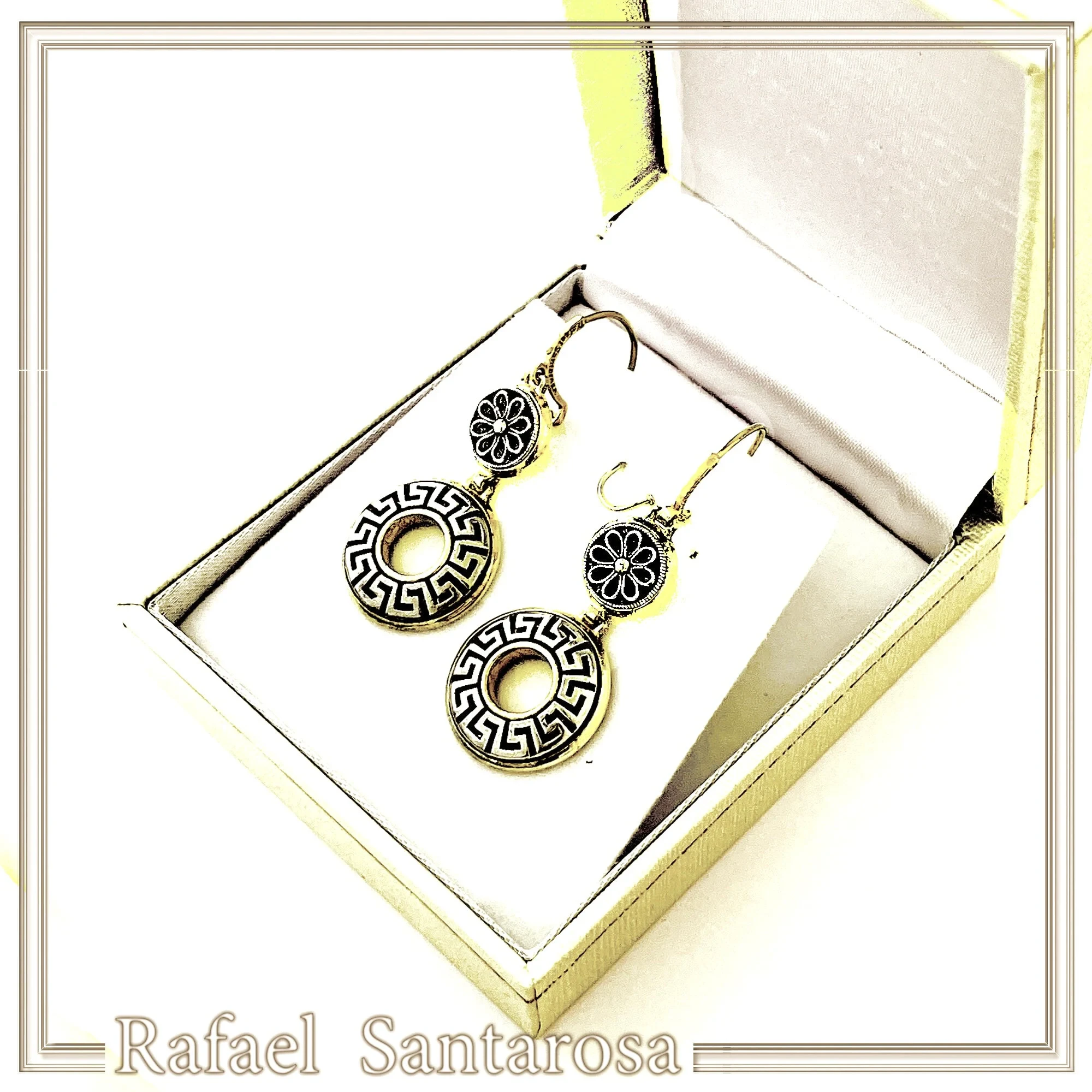 Greek Key and Greek flower Museum Earrings: 18K Gold Filled & Oxidized Sterling Silver — additional product image 9 from Rafael Santarosa Fine Jewelry