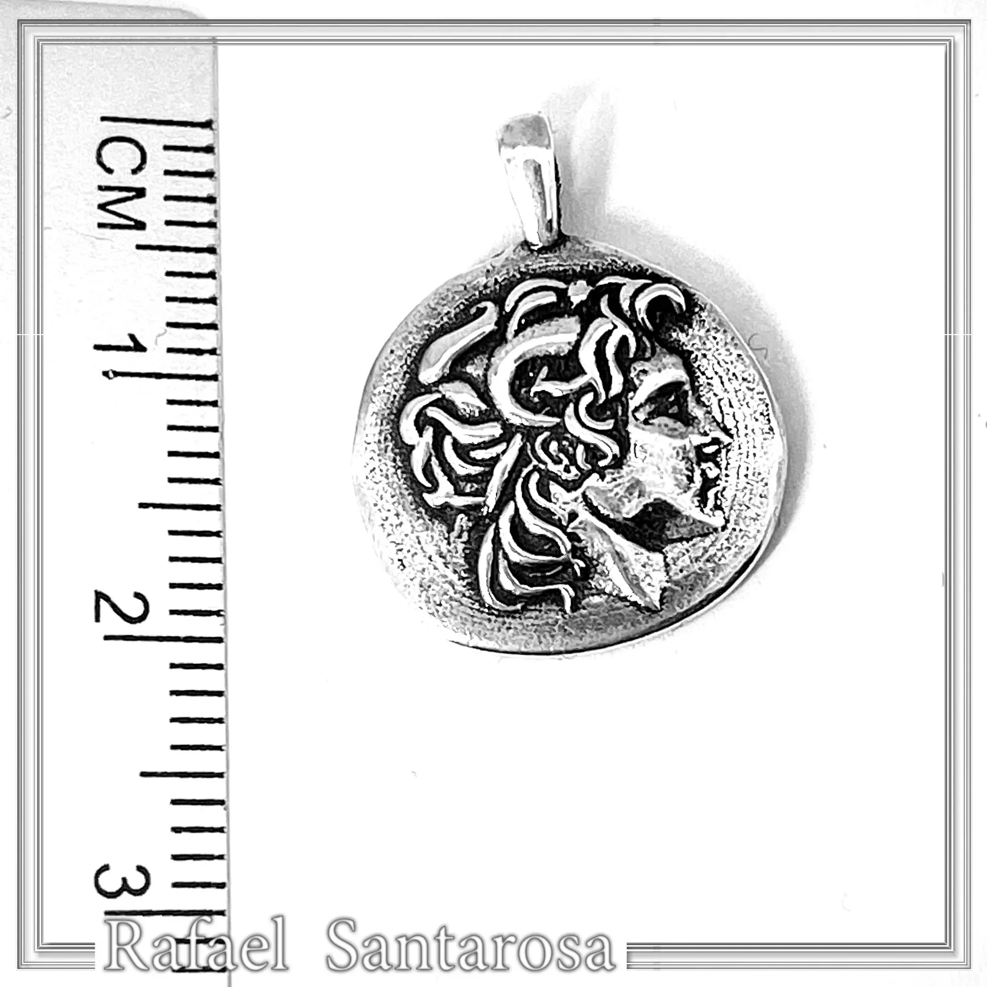 Alexander the Greek deified tetradrachm sterling silver pendant, Ancient Greek museum replica of Lysimachus coin — additional product image 8 from Rafael Santarosa Fine Jewelry