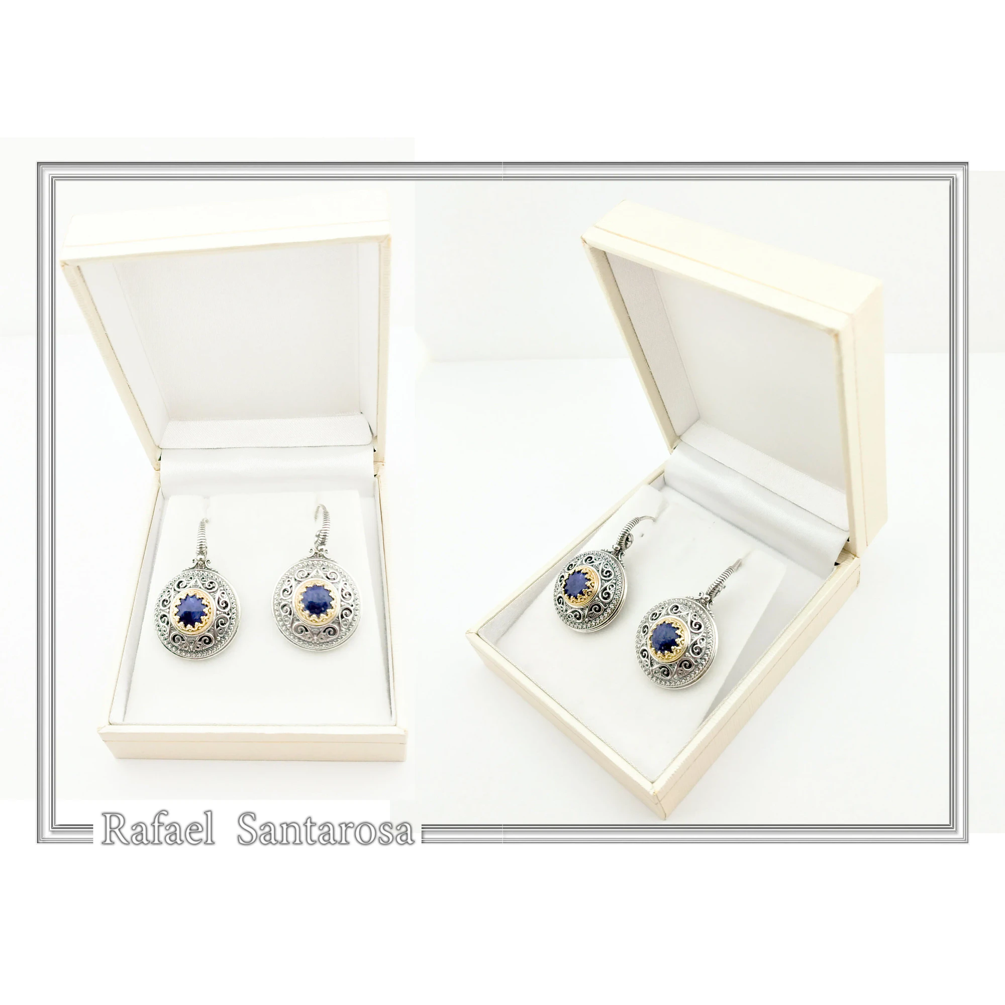 Lapis Lazuli Earrings Byzantine Ornaments Decorated with Filigree Bezel: Oxidized and Gold-Filled Sterling Silver — additional product image 9 from Rafael Santarosa Fine Jewelry