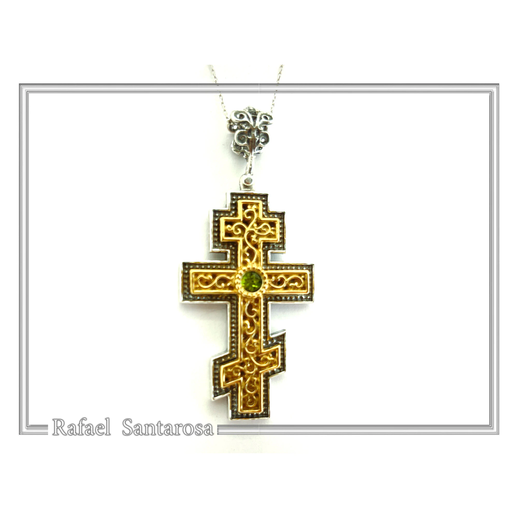 Russian type Orthodox Cross: Sky Blue Topaz, Oxidized & 18K Gold Filled Silver Byzantine Filigree — additional product image 6 from Rafael Santarosa Fine Jewelry