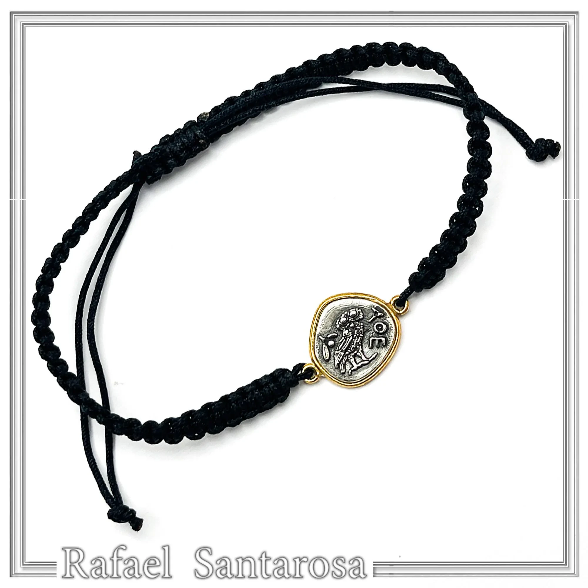 Athena Owl Ancient Greek Tetradrachm Coin Bracelet: Oxidized & Gold Filed Sterling Silver, Macramé Cord — additional product image 5 from Rafael Santarosa Fine Jewelry