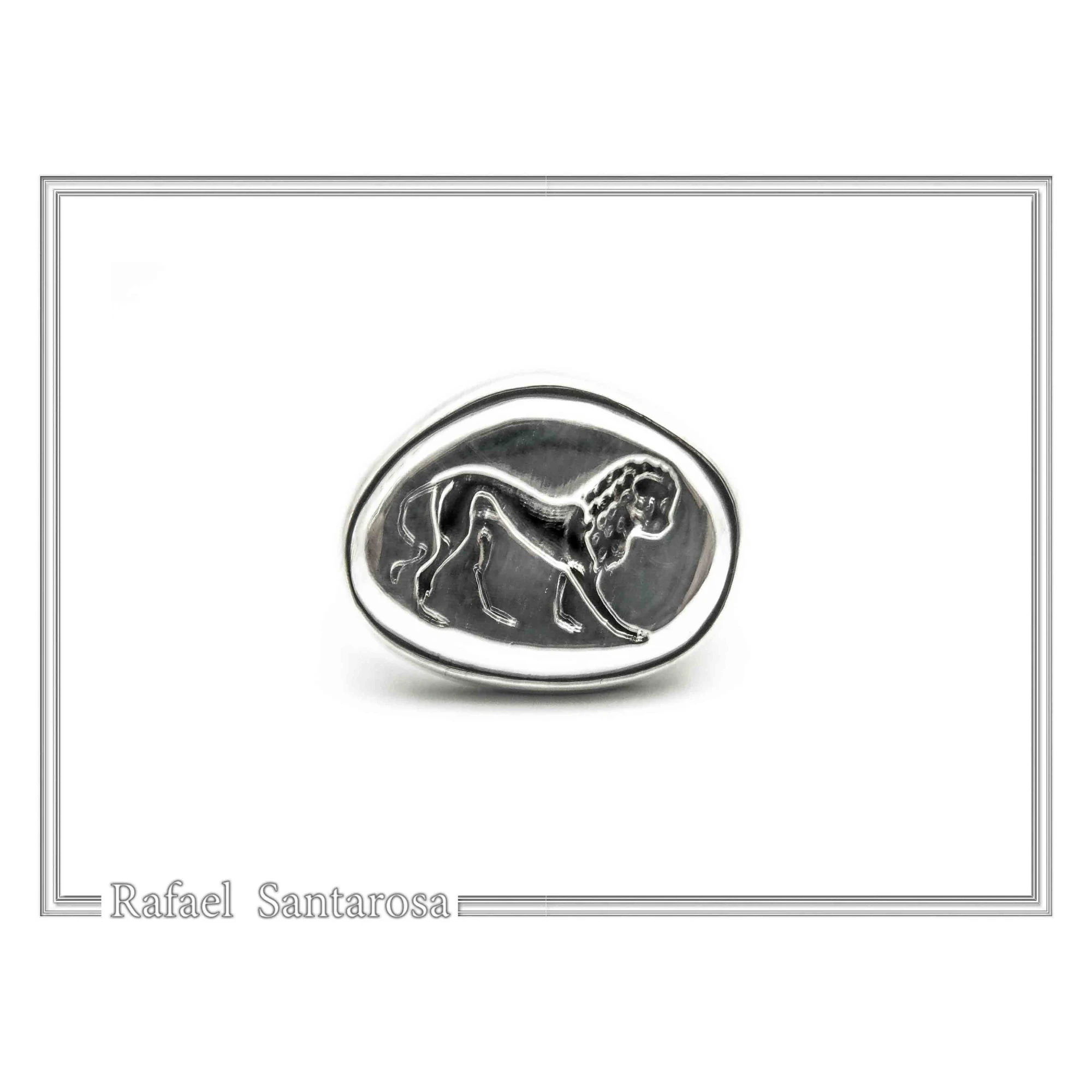 Lion Signet Seal Men Ring: Greek Mythology symbol of strength Oxidized Sterling Silver — additional product image 3 from Rafael Santarosa Fine Jewelry