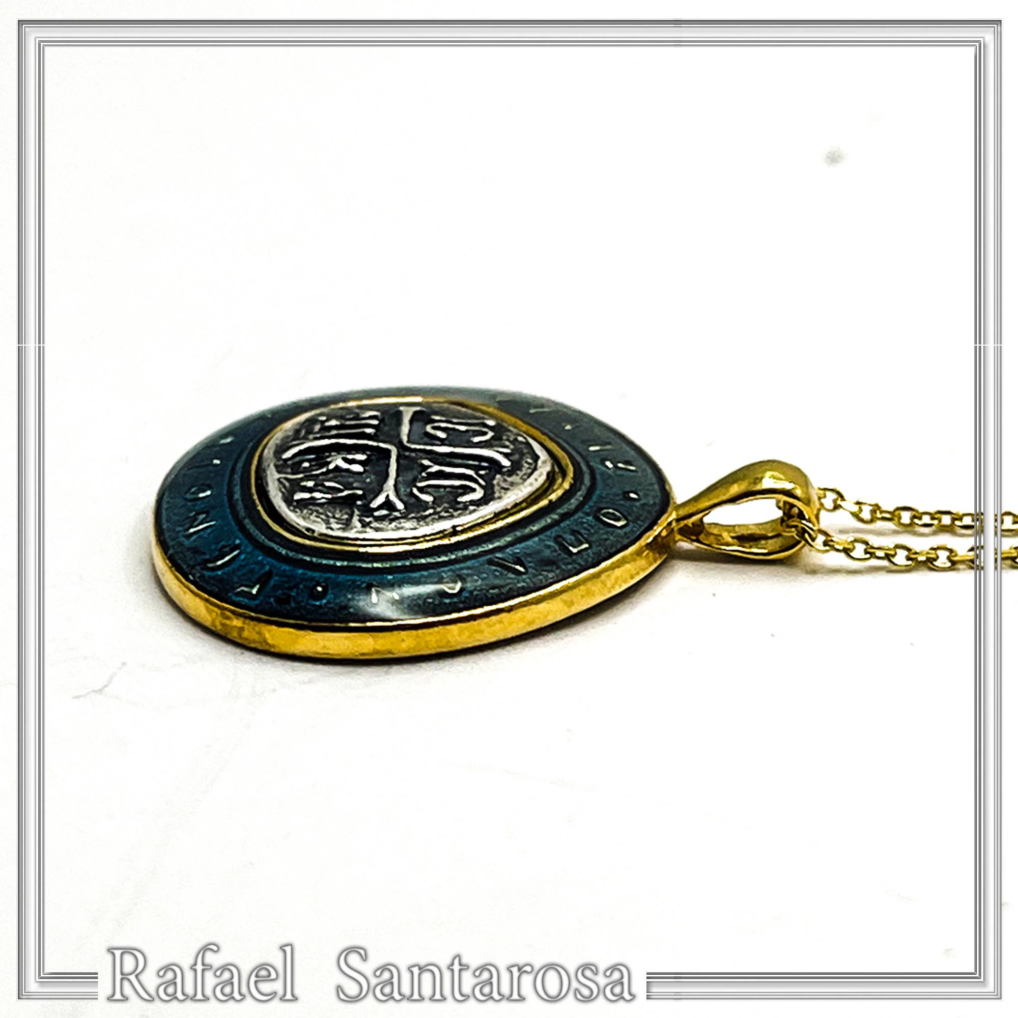 Byzantine Christian Prayer Talisman Necklace: Oxidized Sterling Silver, 18K Gold-Filled, Transparent Blue Enamel — additional product image 7 from Rafael Santarosa Fine Jewelry