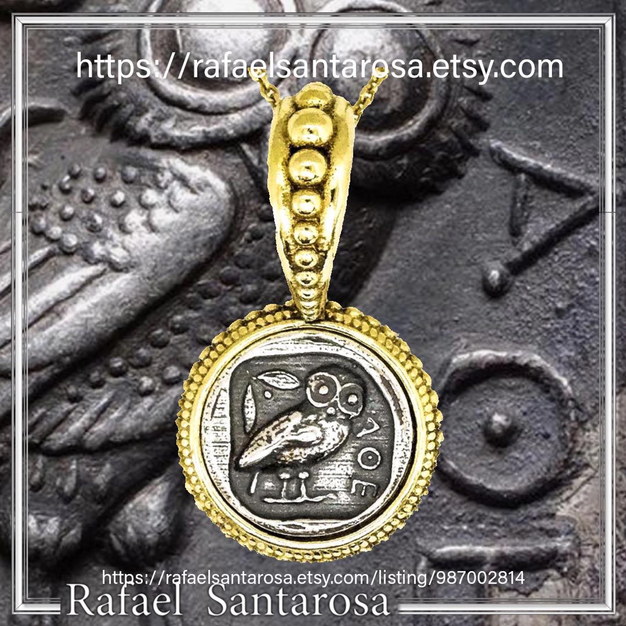 Ancient Greek Athena Owl Tetradrachm Coin Pendant: Sterling Silver, 18K Gold Filled, Museum Jewelry — additional product image 10 from Rafael Santarosa Fine Jewelry