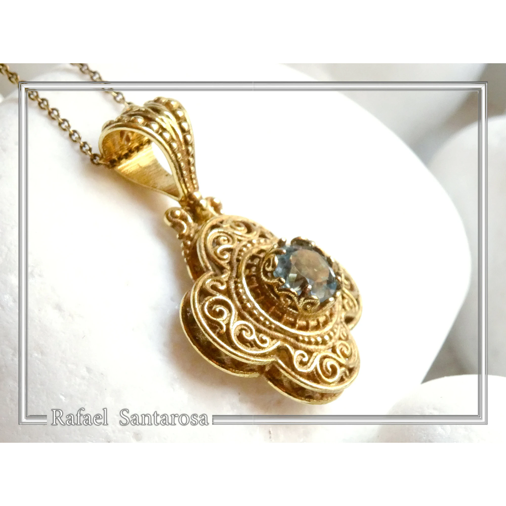 18K Solid Yellow Gold Byzantine Cross Filigree Pendant: Natural Sky-Blue Topaz Handmade Necklace — additional product image 4 from Rafael Santarosa Fine Jewelry