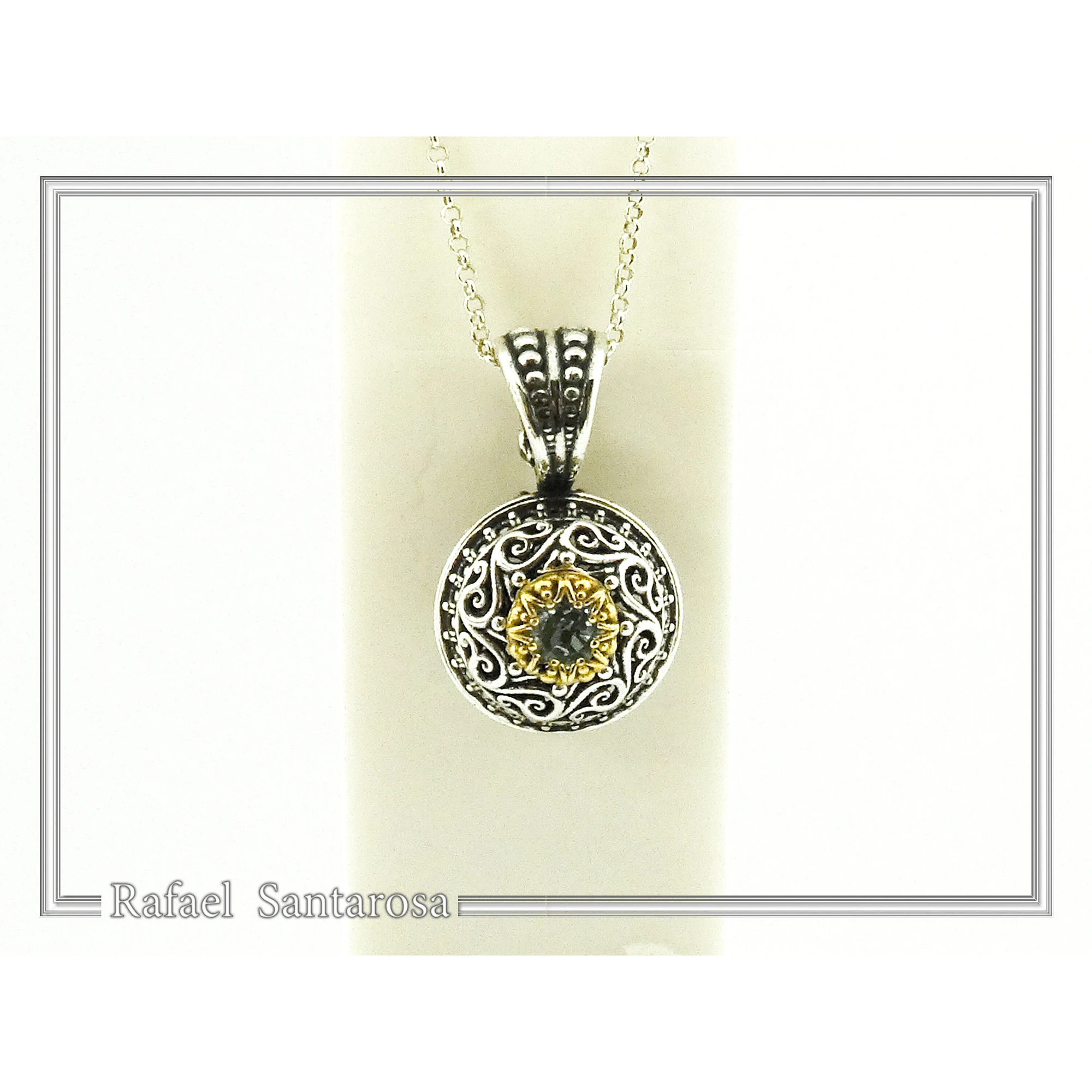 Genuine Sky-Blue Topaz Byzantine Filigree Necklace: Oxidized and 18K Gold Filled Sterling Silver — additional product image 5 from Rafael Santarosa Fine Jewelry
