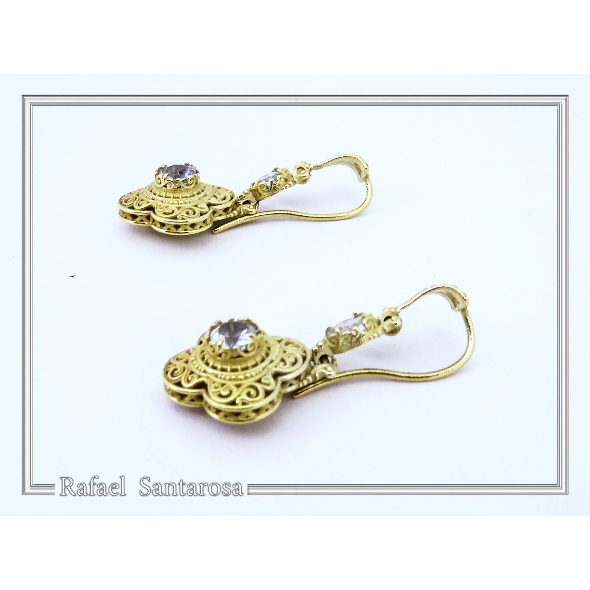 Byzantine Filigree Drop Earrings: Sterling Silver 18K Gold-Filled, Natural Topaz — additional product image 6 from Rafael Santarosa Fine Jewelry