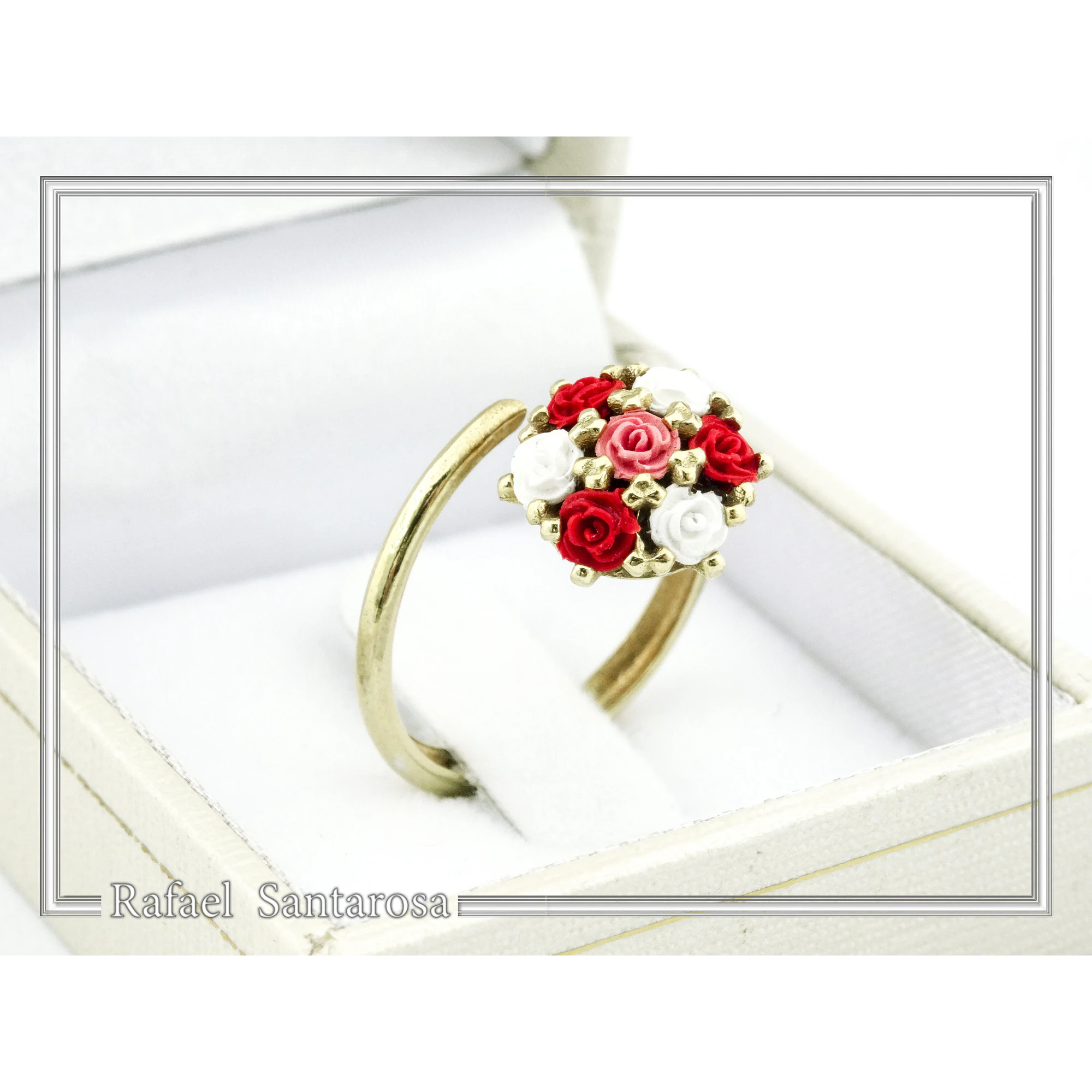 Red & White Roses Alabaster Gems Bouquet Adjustable Floral Statement Ring: 18k Gold Filled Silver — additional product image 8 from Rafael Santarosa Fine Jewelry