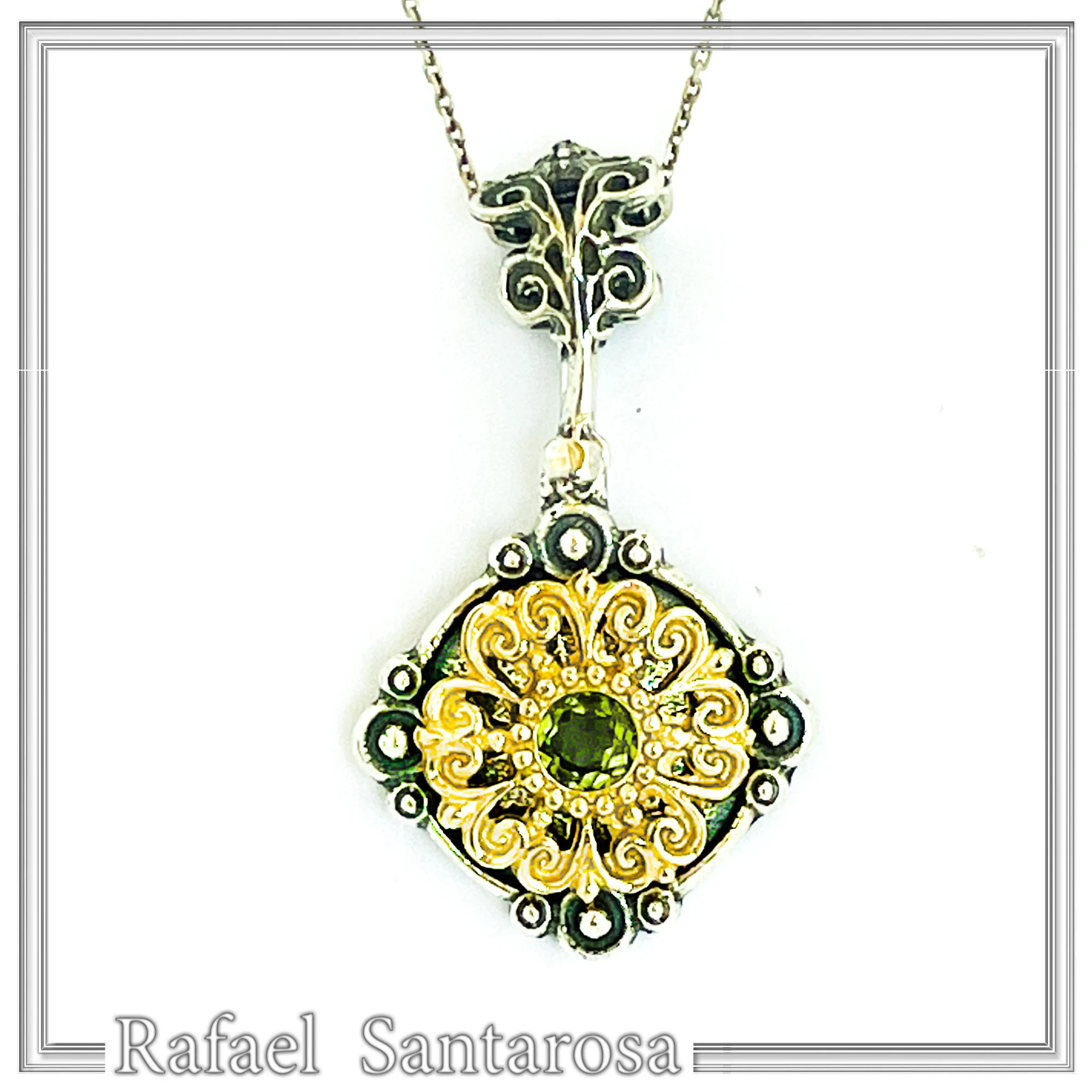Genuine Peridot Gemstone Filigree Necklace: Sterling Silver Oxidised & Gold Filled Byzantine Pendant — additional product image 5 from Rafael Santarosa Fine Jewelry