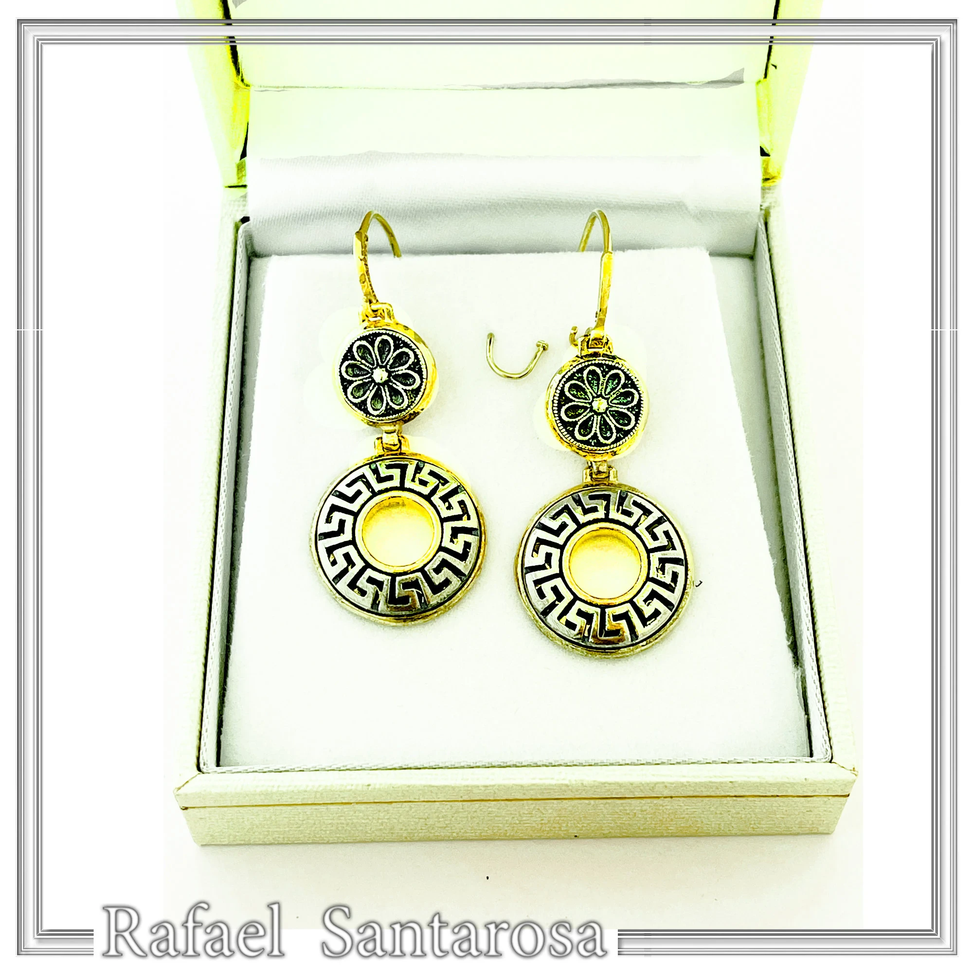 Greek Key and Greek flower Museum Earrings: 18K Gold Filled & Oxidized Sterling Silver — additional product image 10 from Rafael Santarosa Fine Jewelry