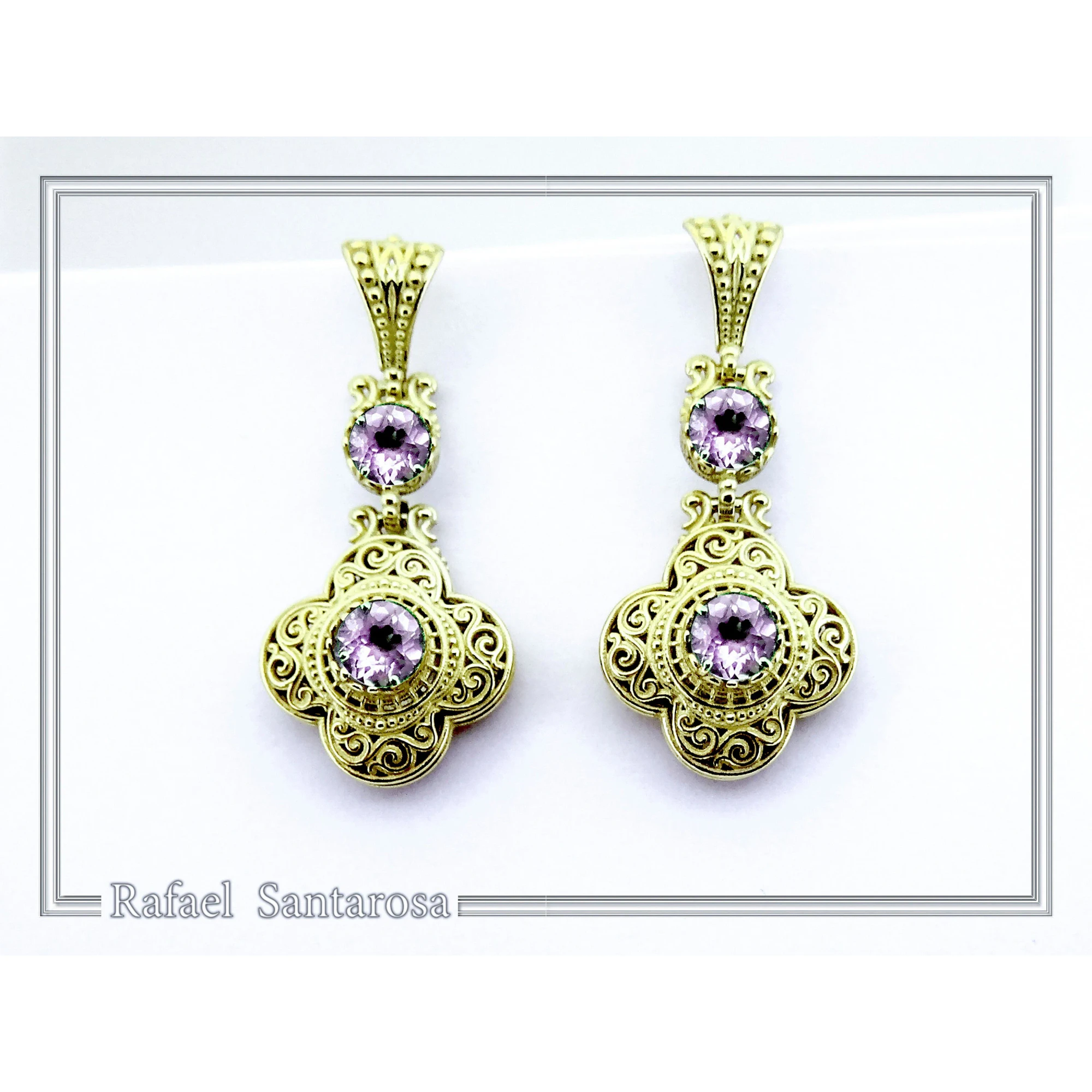Byzantine Filigree Drop Earrings: Sterling Silver 18K Gold-Filled, Natural Topaz — additional product image 3 from Rafael Santarosa Fine Jewelry