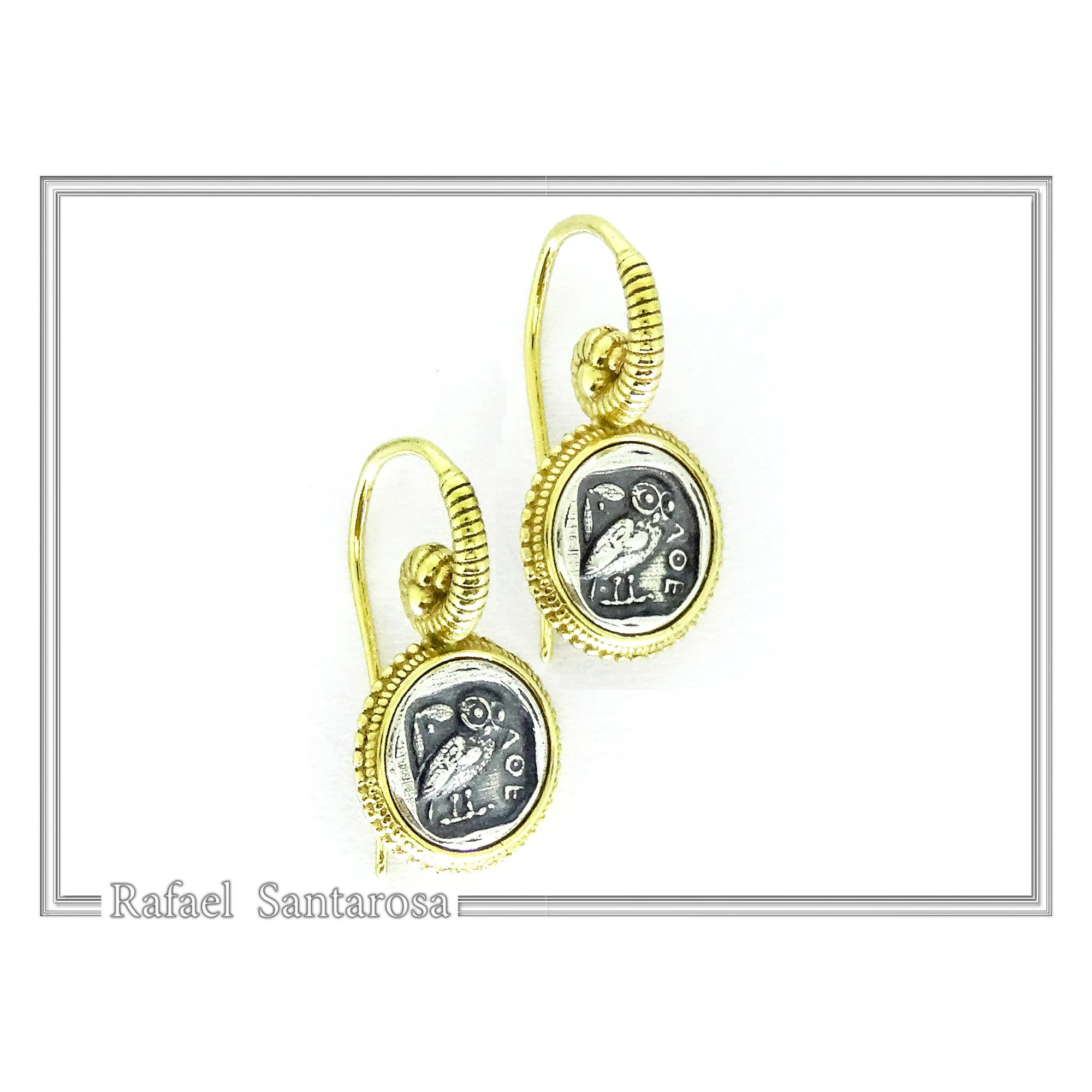 Athena Owl Coin Tetradrachm Ancient Greek Decoration Earrings, Museum Jewelry: Sterling Silver, 18K Gold-Filled — additional product image 5 from Rafael Santarosa Fine Jewelry
