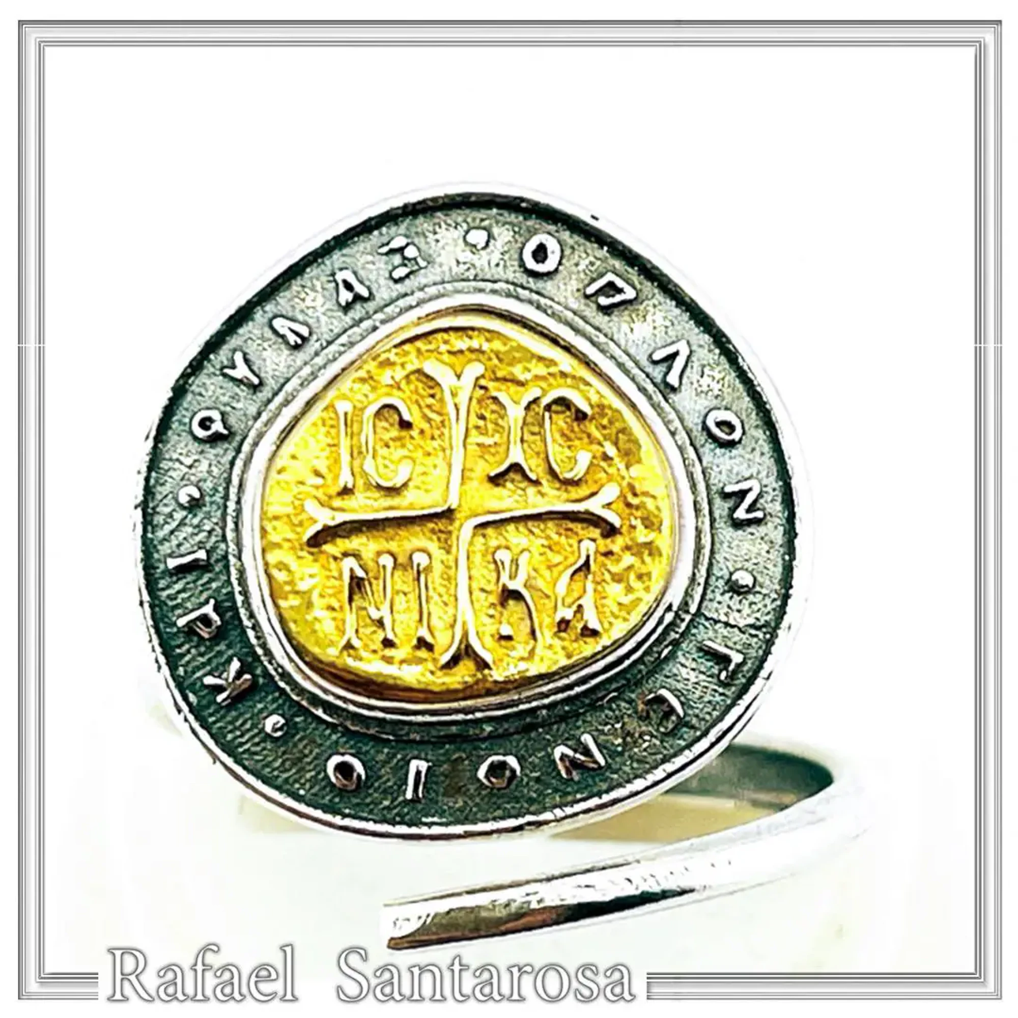 Jesus Christ Victorious ICXC NIKA Byzantine Talisman Adjustable Ring: 18K Gold & Oxidized Sterling Silver