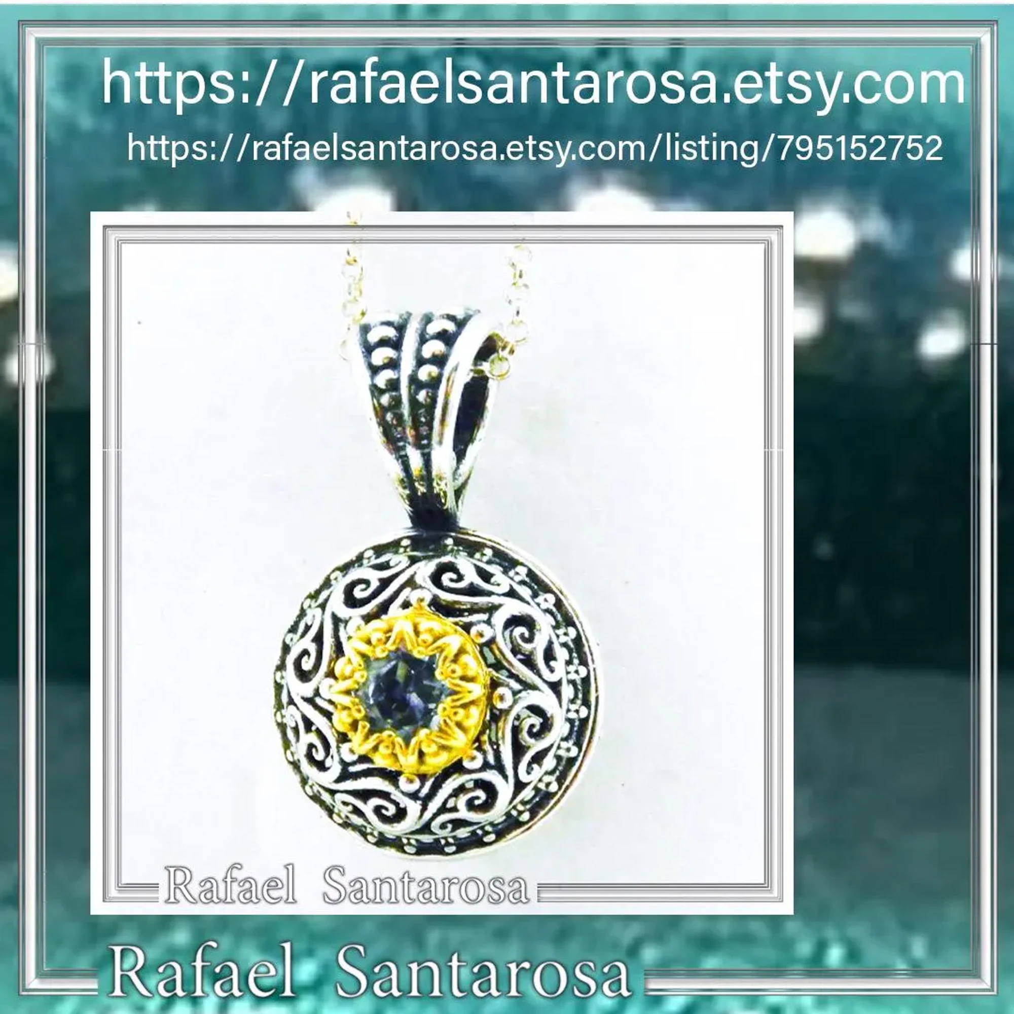Genuine Sky-Blue Topaz Byzantine Filigree Necklace: Oxidized and 18K Gold Filled Sterling Silver — additional product image 10 from Rafael Santarosa Fine Jewelry