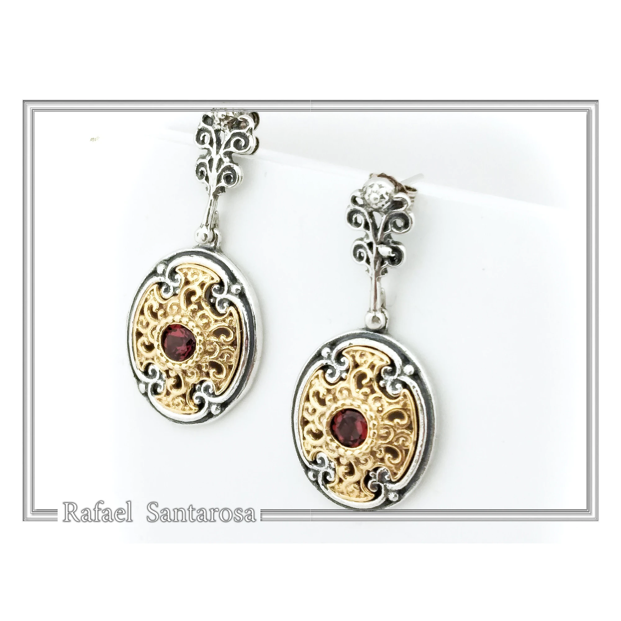 Natural Red Garnet Byzantine style Earrings: Oxidized & 18K Gold-Filled Sterling Silver, — additional product image 4 from Rafael Santarosa Fine Jewelry