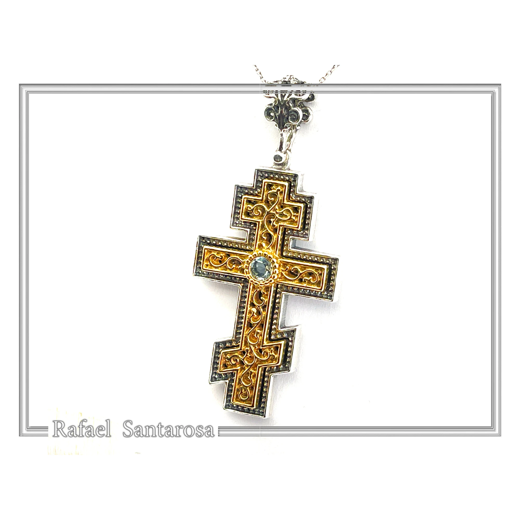 Russian type Orthodox Cross: Sky Blue Topaz, Oxidized & 18K Gold Filled Silver Byzantine Filigree — additional product image 4 from Rafael Santarosa Fine Jewelry