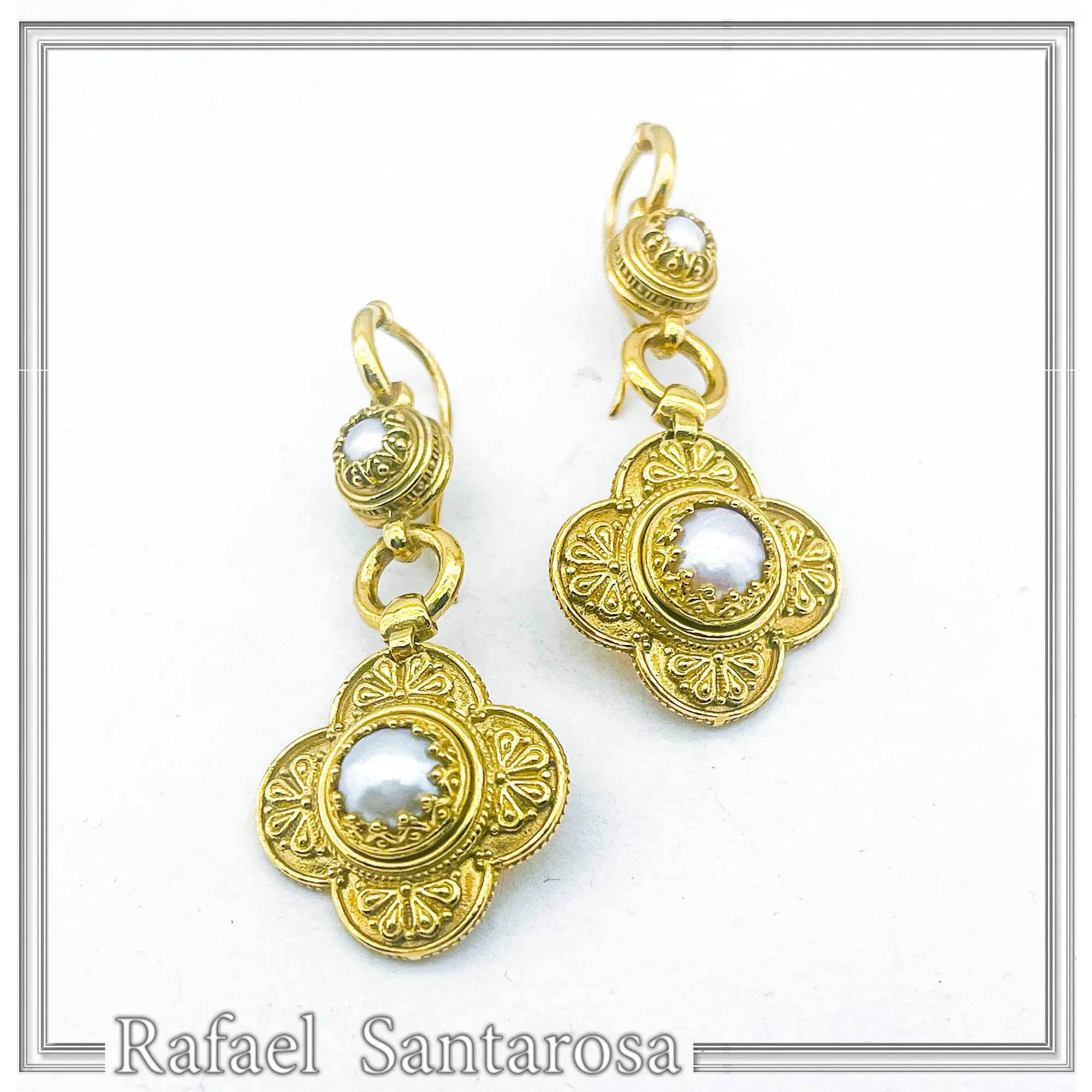Byzantine Cross Filigree Dangle Earrings: Natural Pearl 18k Gold-Filled sterling silver — additional product image 3 from Rafael Santarosa Fine Jewelry