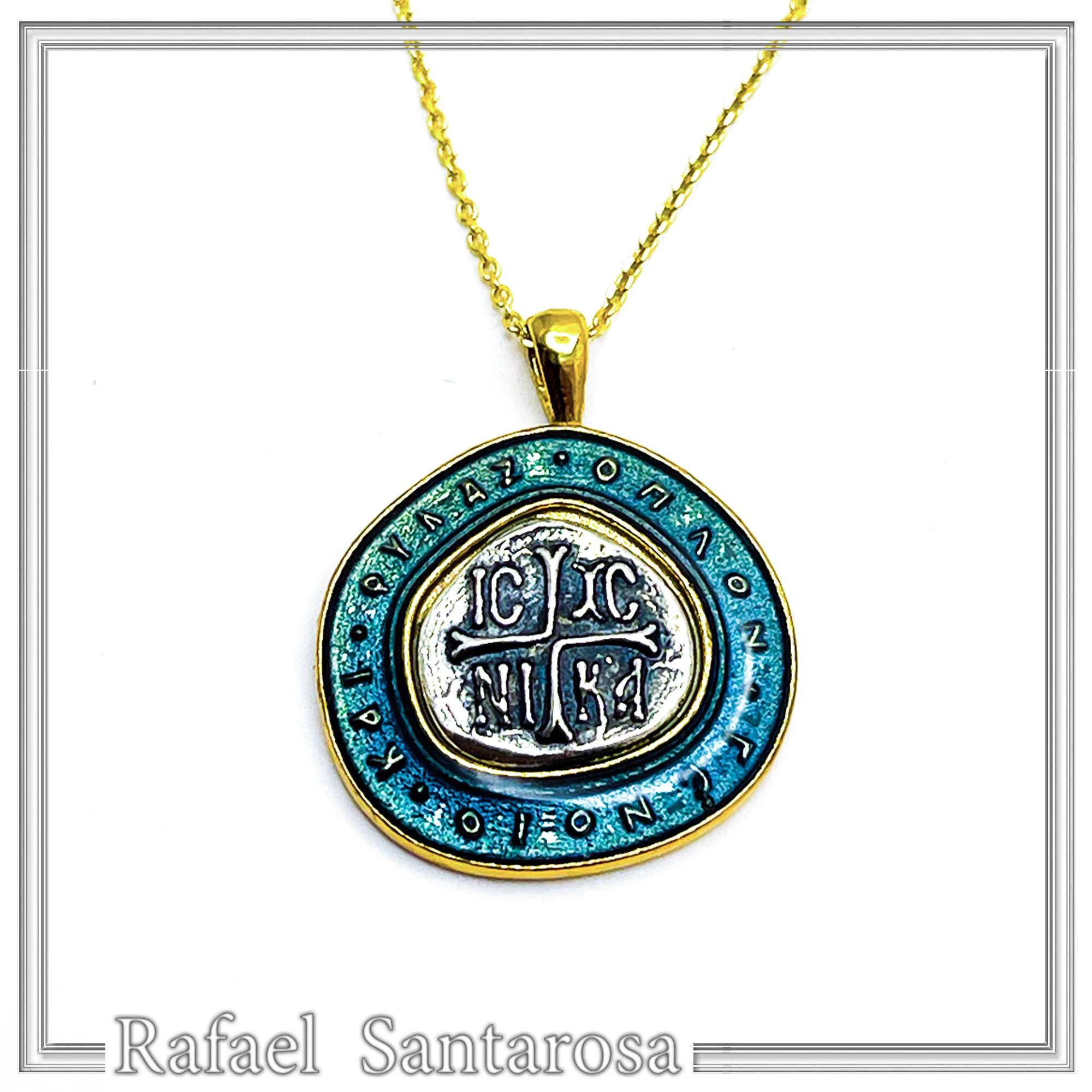 Byzantine Christian Prayer Talisman Necklace: Oxidized Sterling Silver, 18K Gold-Filled, Transparent Blue Enamel — additional product image 3 from Rafael Santarosa Fine Jewelry