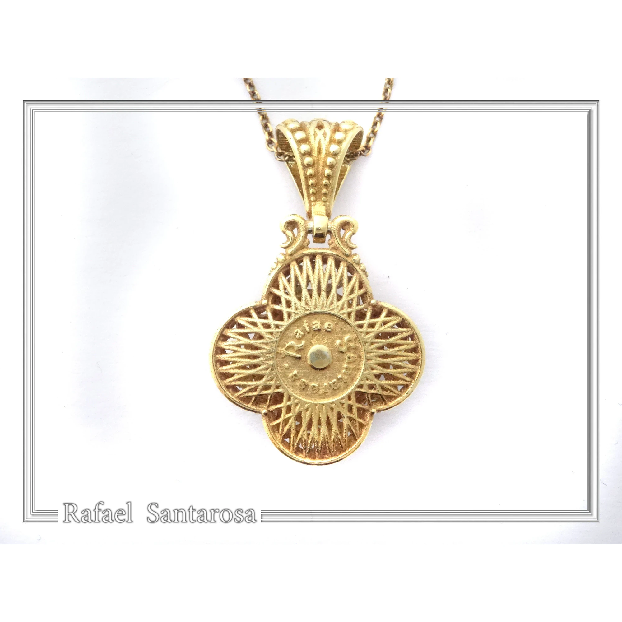 18K Solid Yellow Gold Byzantine Cross Filigree Pendant: Natural Sky-Blue Topaz Handmade Necklace — additional product image 8 from Rafael Santarosa Fine Jewelry