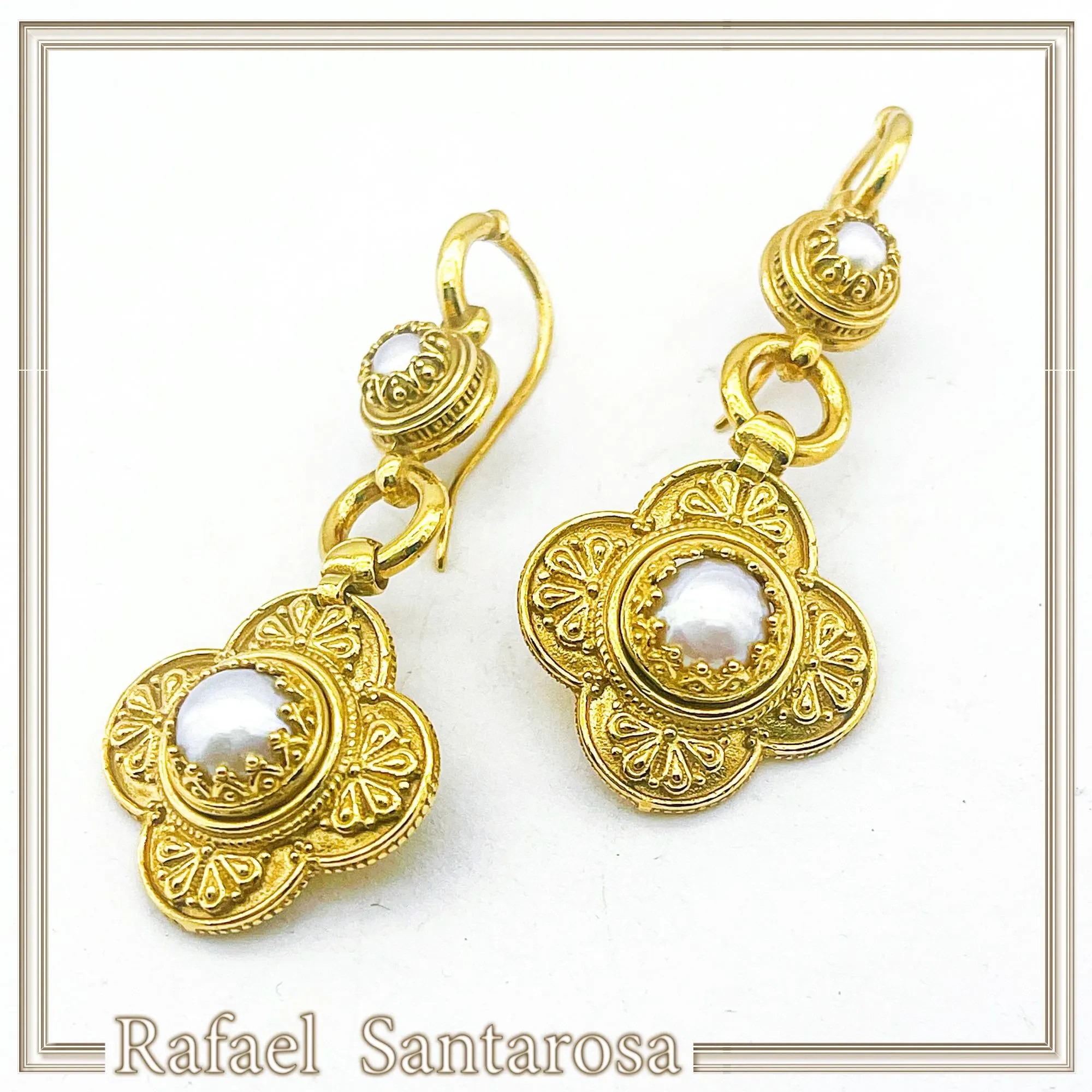 Byzantine Cross Filigree Dangle Earrings: Natural Pearl 18k Gold-Filled sterling silver — additional product image 4 from Rafael Santarosa Fine Jewelry