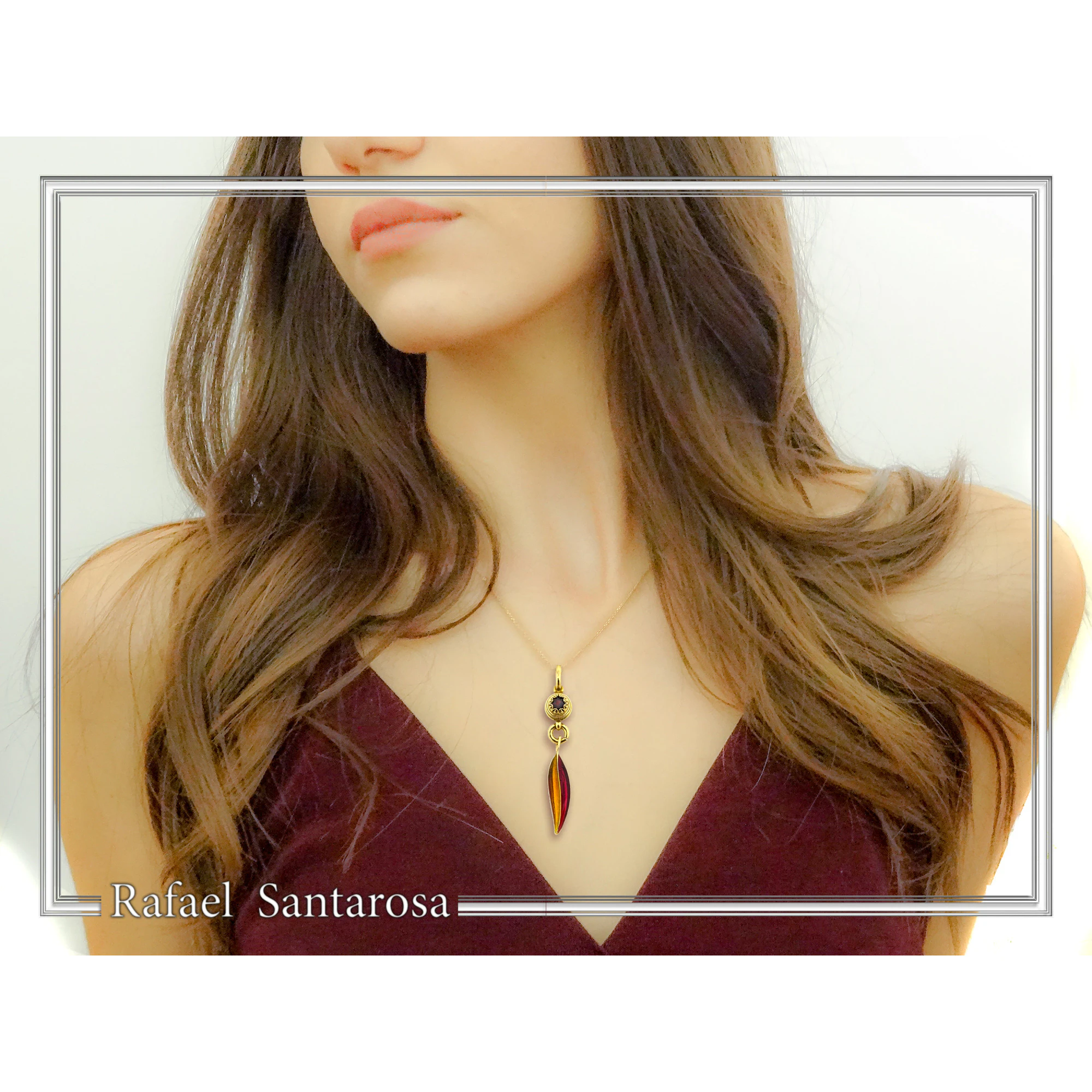 Olive Leaf Dangle Necklace: Natural Garnet and Enamel Floral Sterling Silver 18K Gold Filled — additional product image 2 from Rafael Santarosa Fine Jewelry