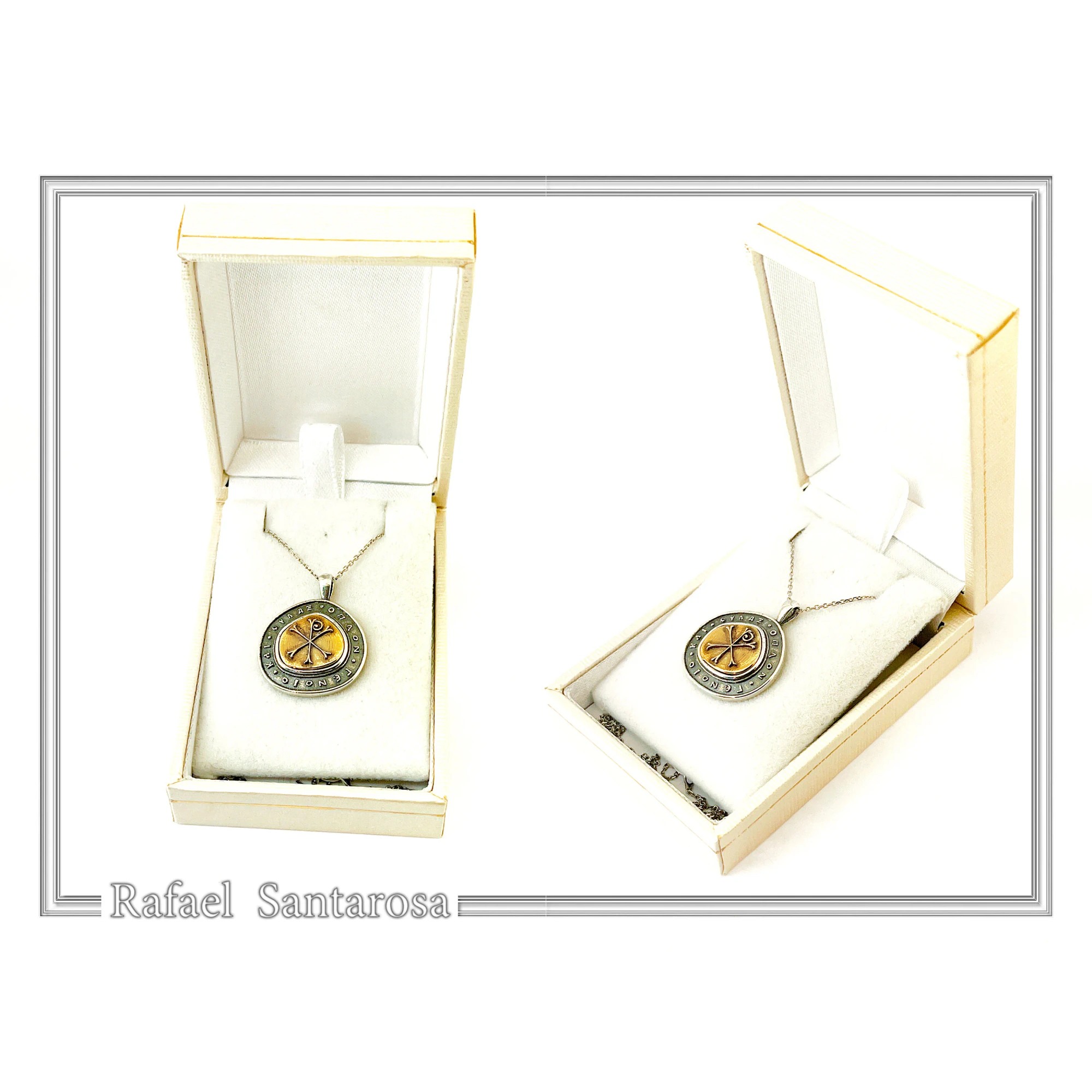 18k Gold Chi Ro Christogram on Oxidized Sterling Silver Pendant: Byzantine prayer inscription Talisman — additional product image 9 from Rafael Santarosa Fine Jewelry