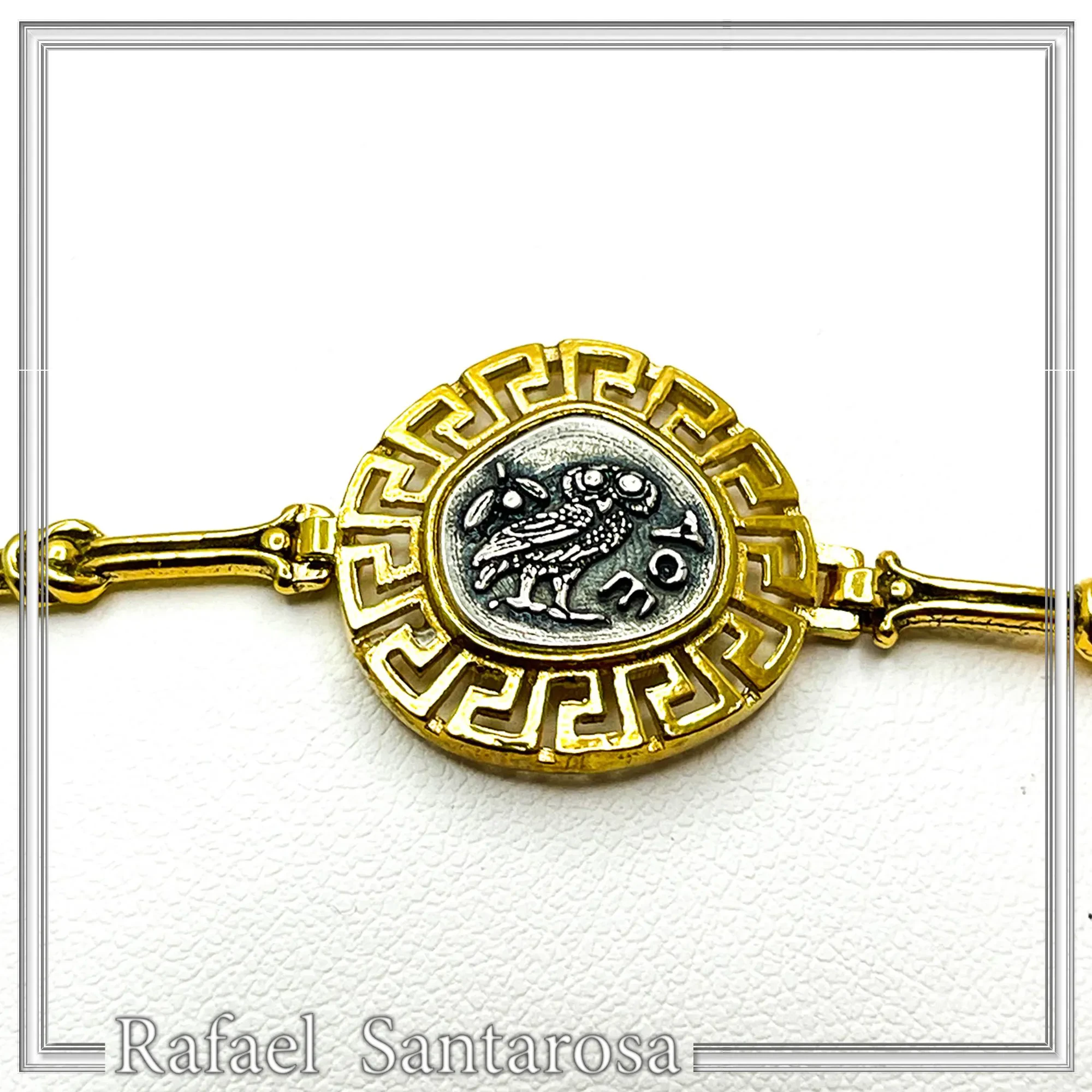 Athena Goddess Owl Tetradrachm Coin Greek Key Bracelet: Oxidized & 18k Gold Filled Sterling Silver — additional product image 4 from Rafael Santarosa Fine Jewelry