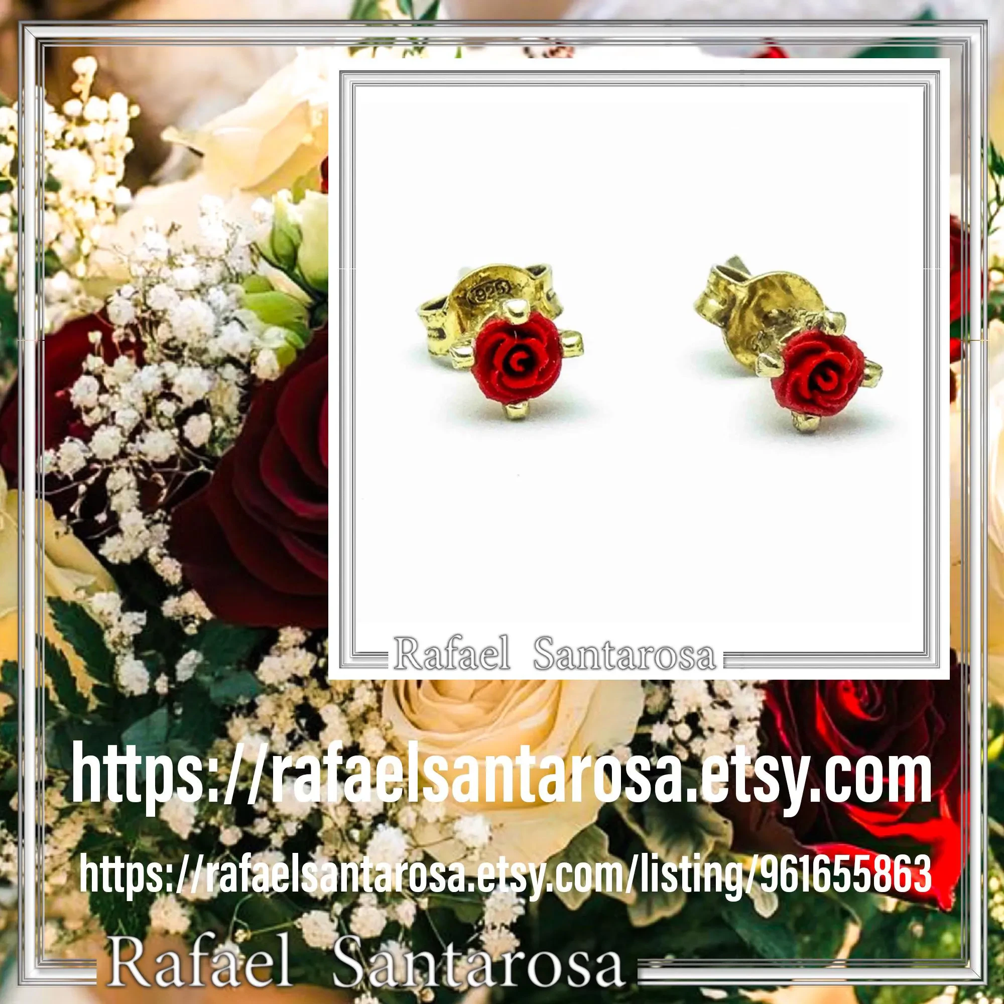 Handmade Red Rose Flower Stud Earrings: Alabaster & 18K Gold Filled Sterling Silver — additional product image 10 from Rafael Santarosa Fine Jewelry