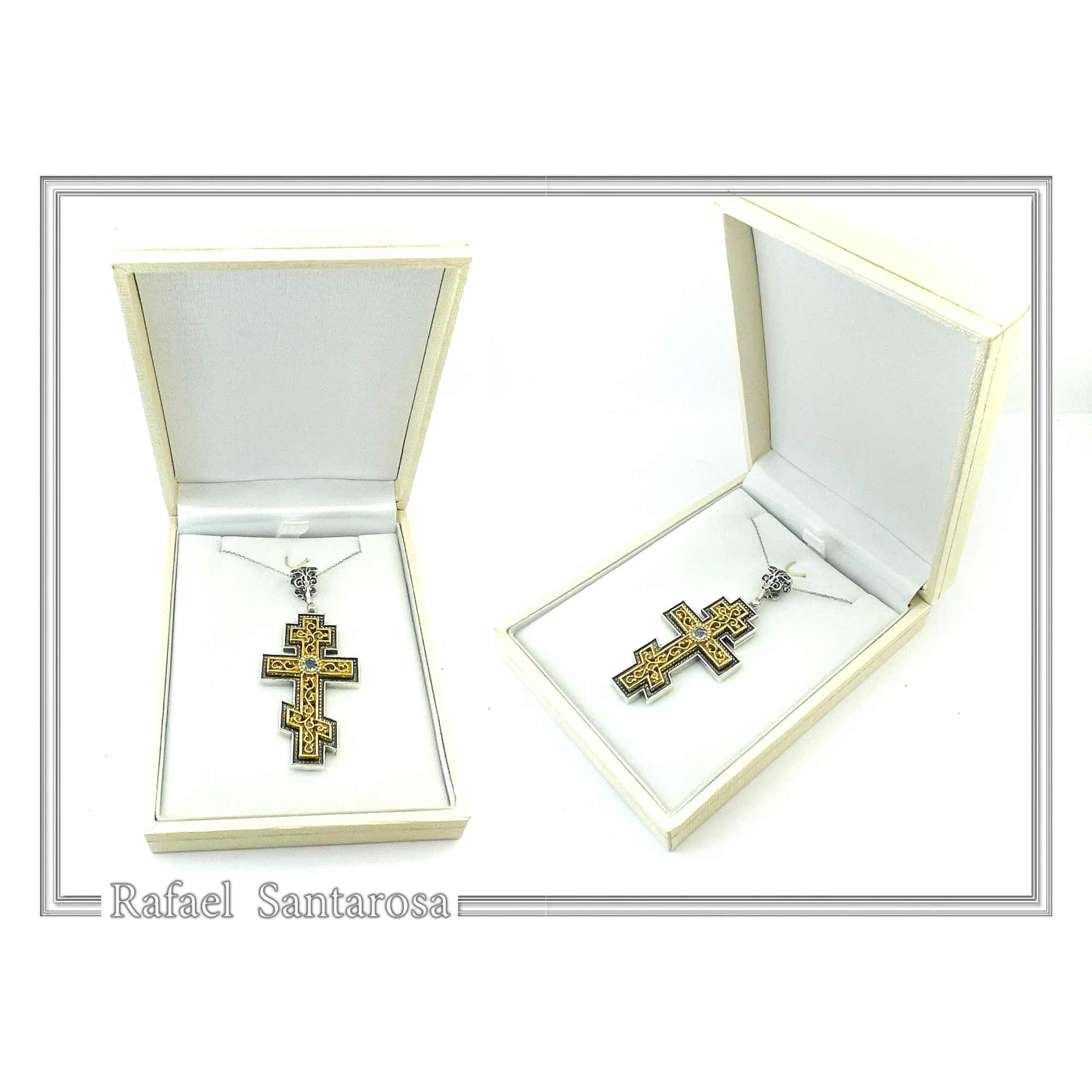 Russian type Orthodox Cross: Sky Blue Topaz, Oxidized & 18K Gold Filled Silver Byzantine Filigree — additional product image 9 from Rafael Santarosa Fine Jewelry