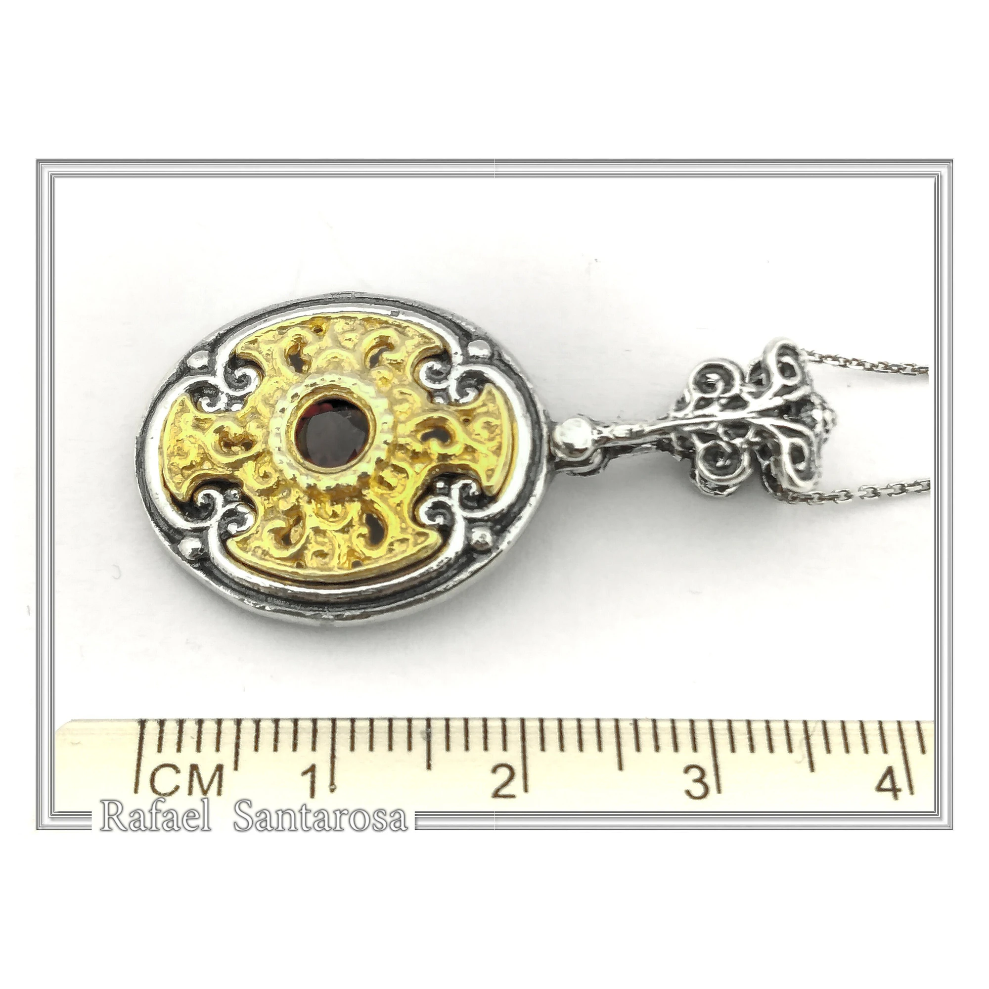 Byzantine Cross Shaped Natural Red Garnet Filigree Necklace: 18K Gold filled and oxidised Silver — additional product image 7 from Rafael Santarosa Fine Jewelry