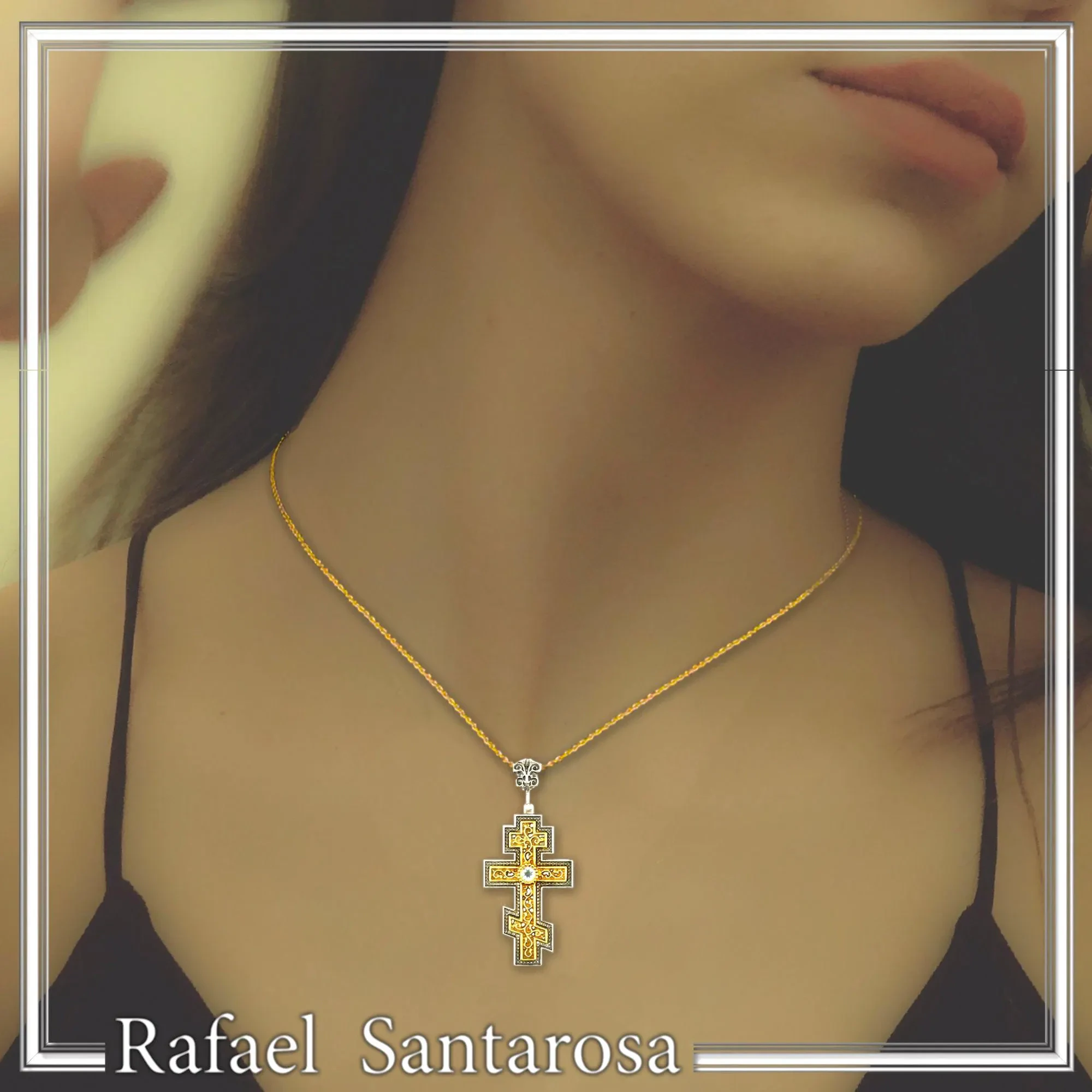 Russian type Orthodox Cross: Sky Blue Topaz, Oxidized & 18K Gold Filled Silver Byzantine Filigree — additional product image 2 from Rafael Santarosa Fine Jewelry