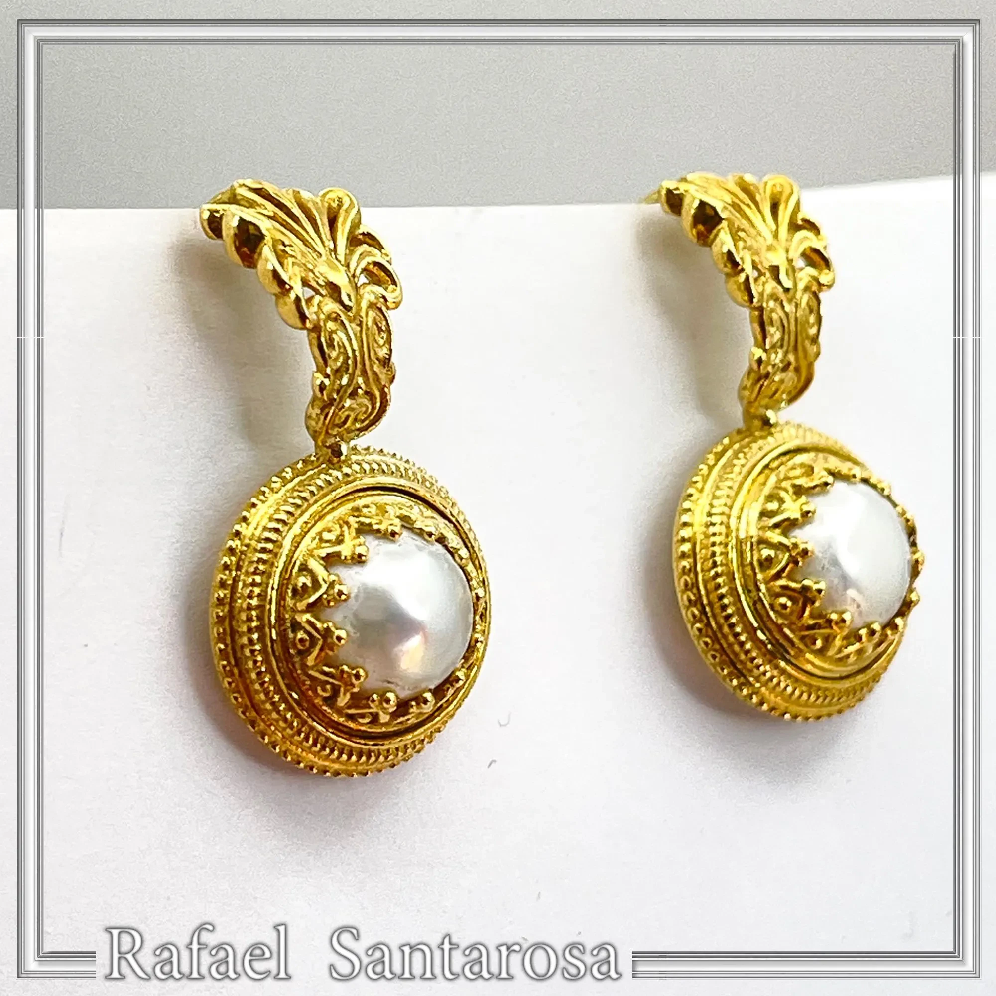 Ancient Greek Antefix Pearl Earrings: Sterling Silver 18K Gold-Filled Filigree jewelry — additional product image 4 from Rafael Santarosa Fine Jewelry