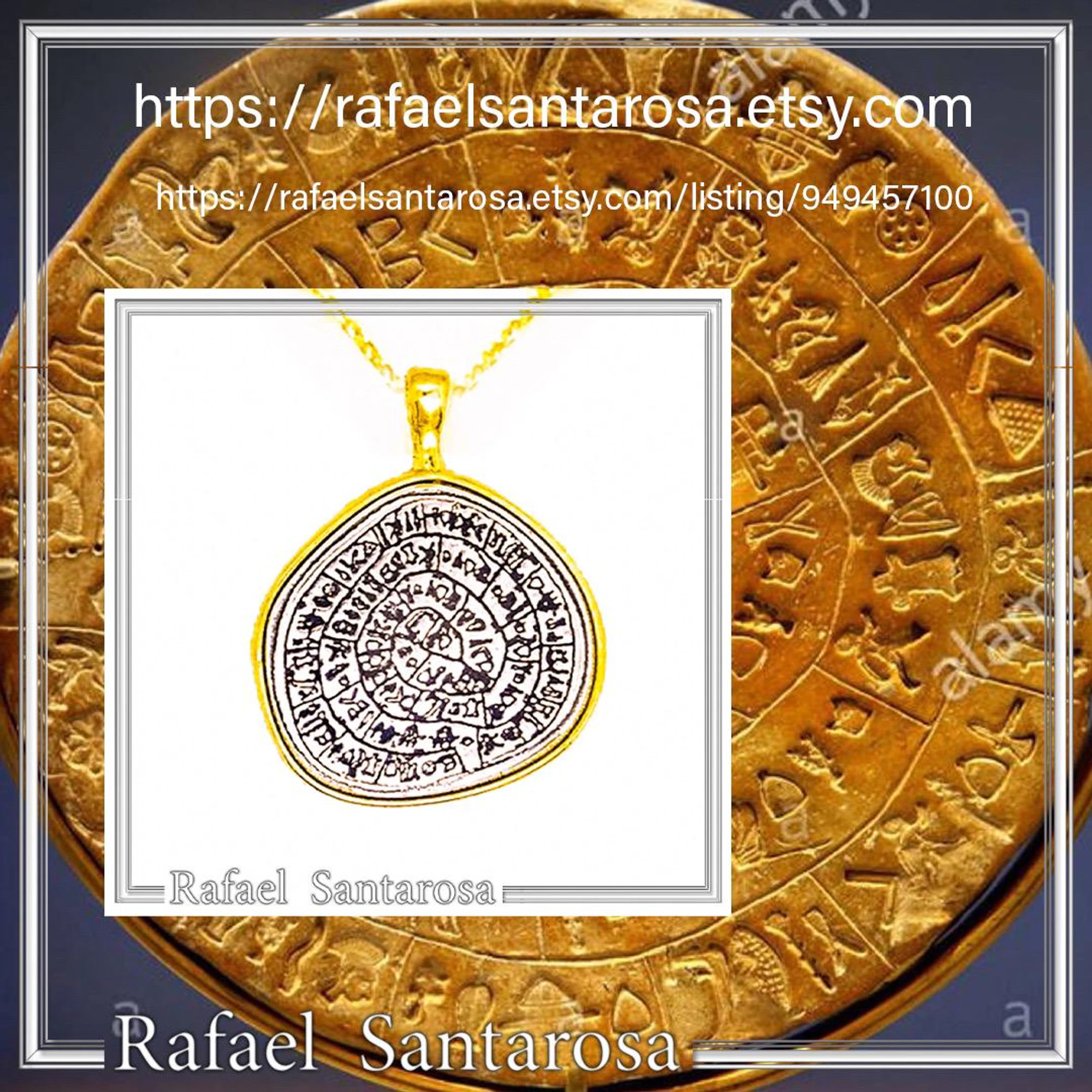Ancient Greek Calendar Charm Phaistos Disc Pendant: Oxidized Sterling Silver, 18k Gold-Filled, — additional product image 10 from Rafael Santarosa Fine Jewelry