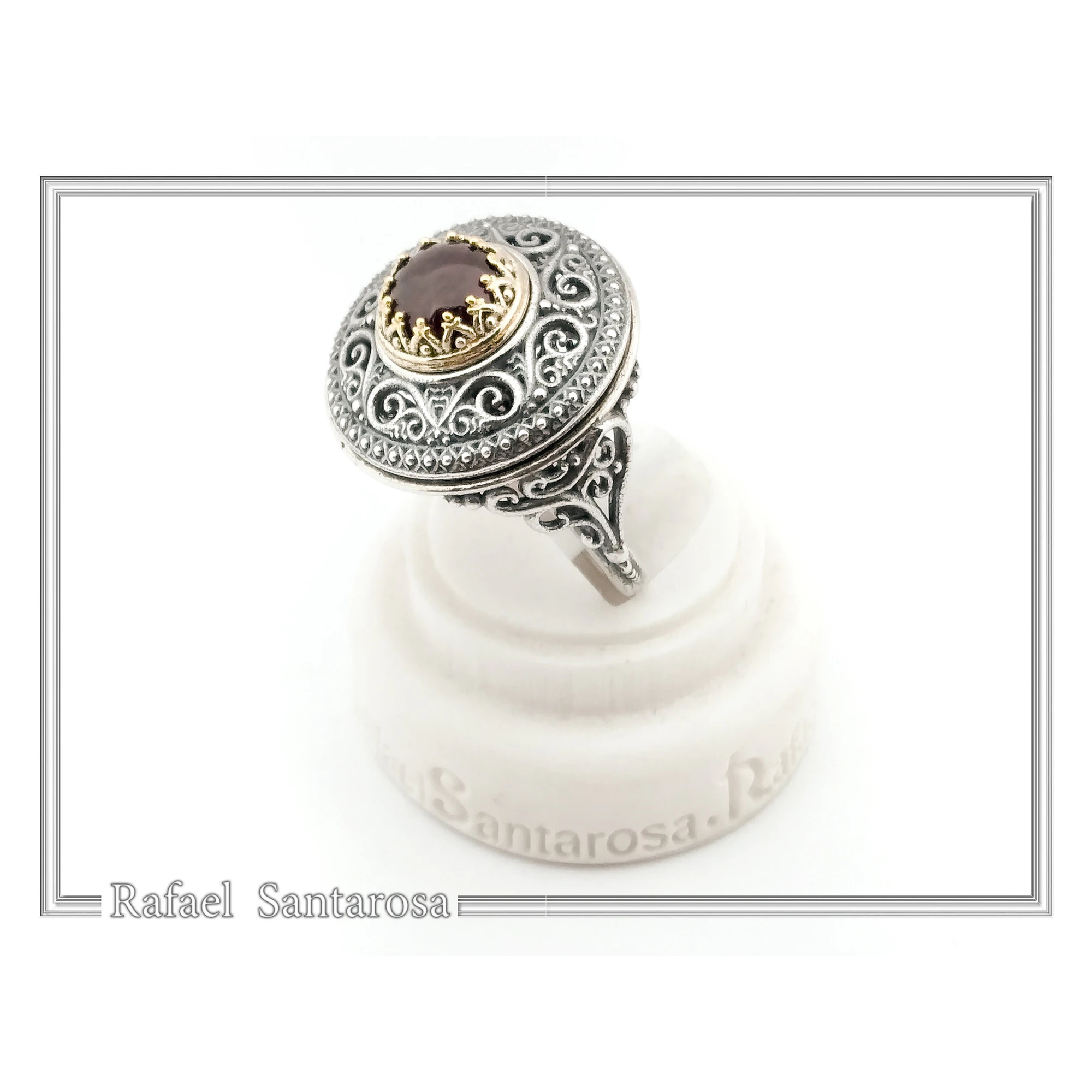 Genuine Red Garnet Byzantine Hand Sculptured Ring: Sterling Silver Oxidized and 18K Gold Filled — additional product image 6 from Rafael Santarosa Fine Jewelry