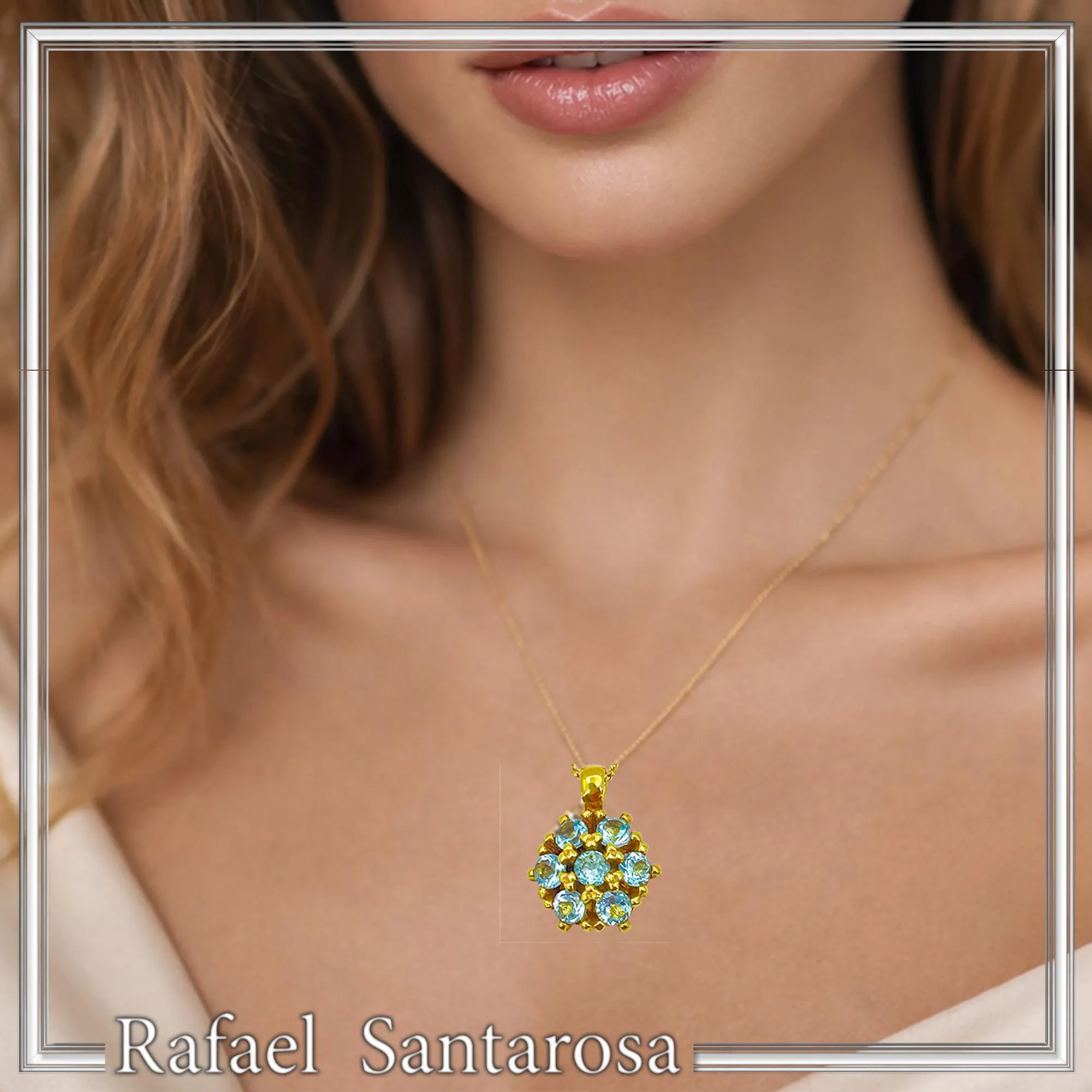 Sky Blue Topaz Rosette Pendant Sterling Silver 18k Gold Filled Pave Cluster Necklace Handmade — additional product image 5 from Rafael Santarosa Fine Jewelry