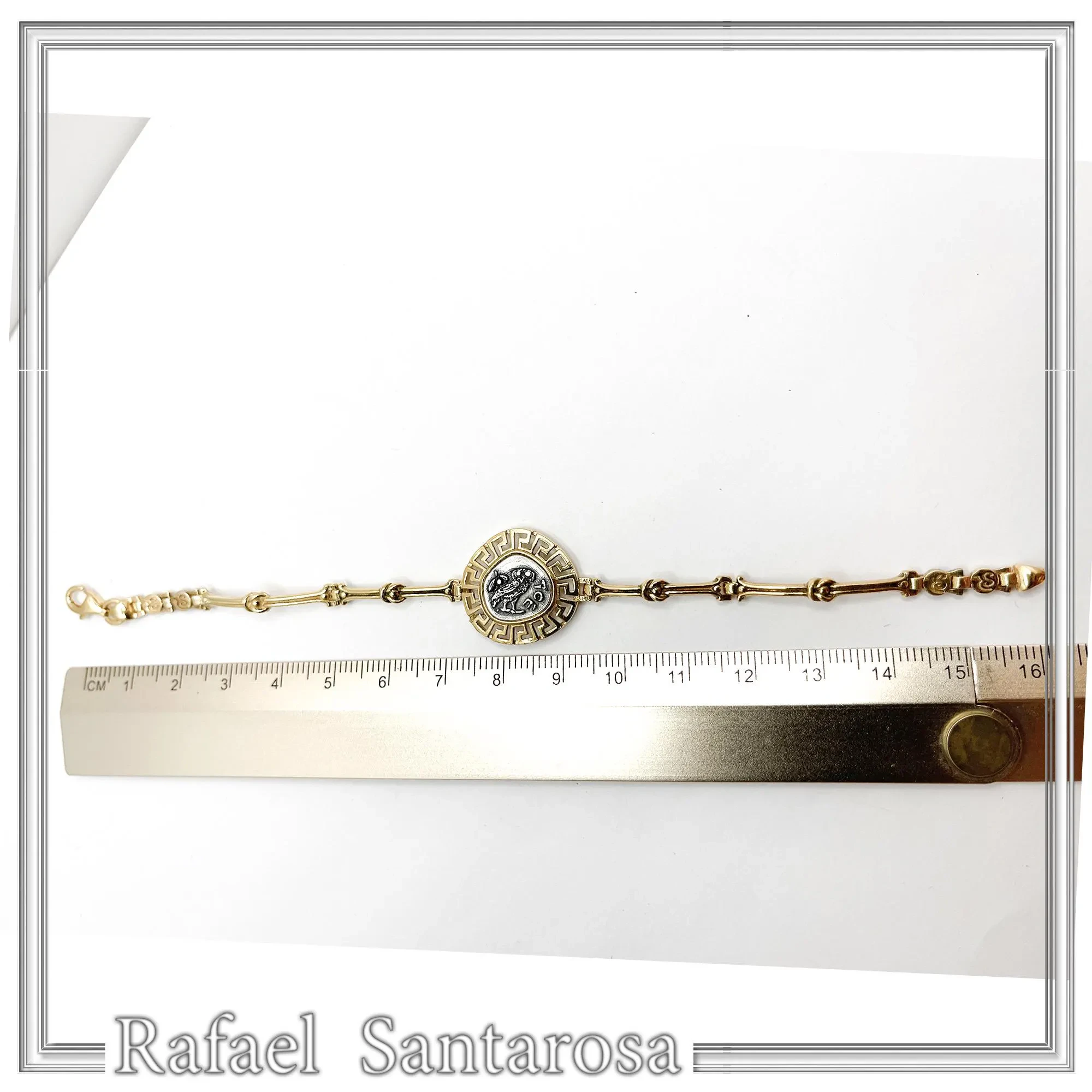 Athena Goddess Owl Tetradrachm Coin Greek Key Bracelet: Oxidized & 18k Gold Filled Sterling Silver — additional product image 9 from Rafael Santarosa Fine Jewelry