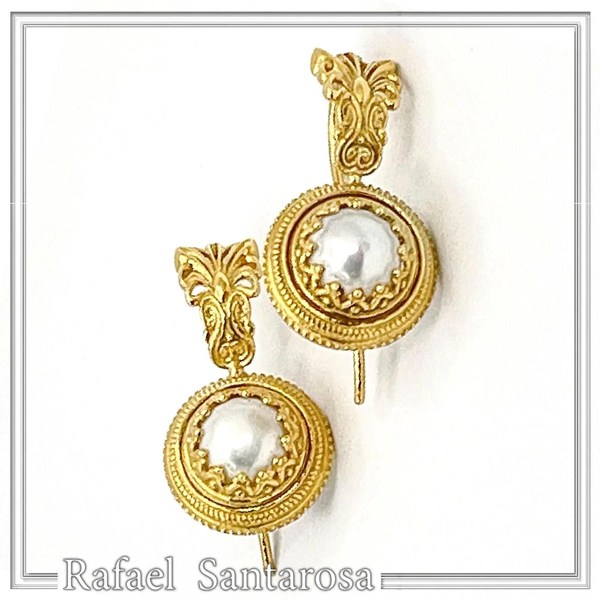 Ancient Greek Antefix Pearl Earrings: Sterling Silver 18K Gold-Filled Filigree jewelry — additional product image 10 from Rafael Santarosa Fine Jewelry