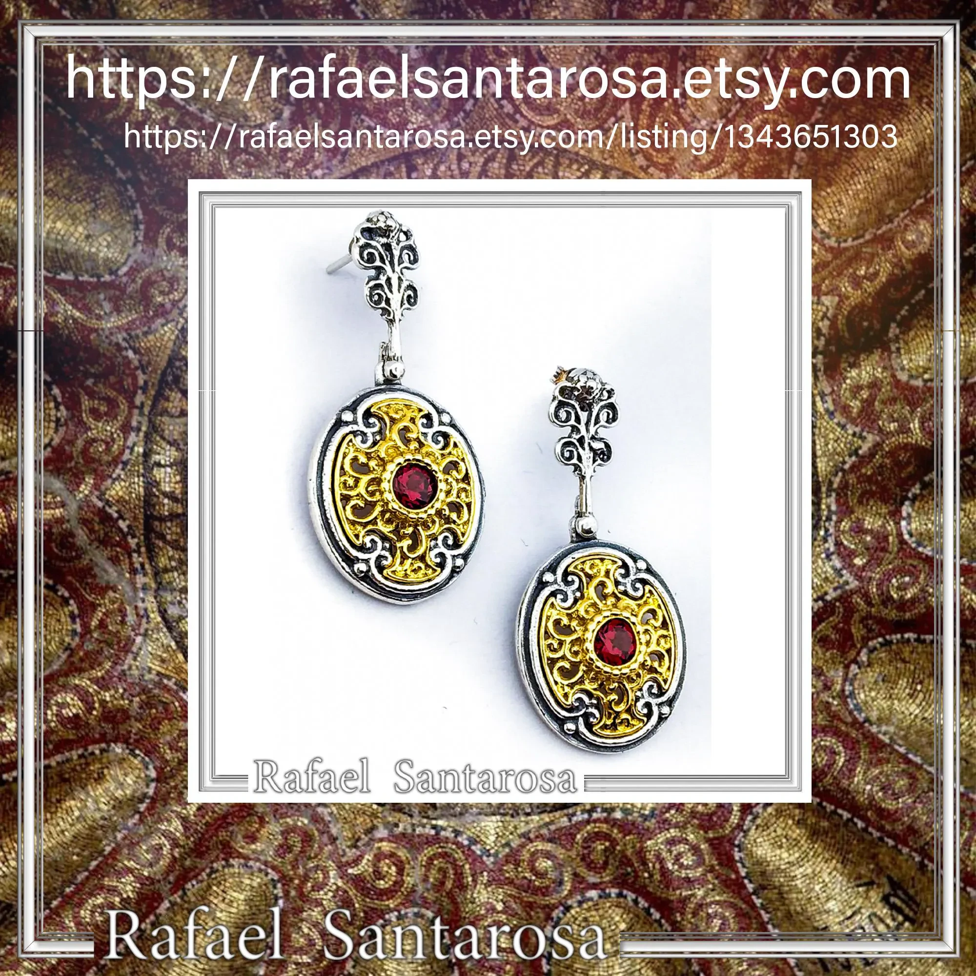 Natural Red Garnet Byzantine style Earrings: Oxidized & 18K Gold-Filled Sterling Silver, — additional product image 10 from Rafael Santarosa Fine Jewelry