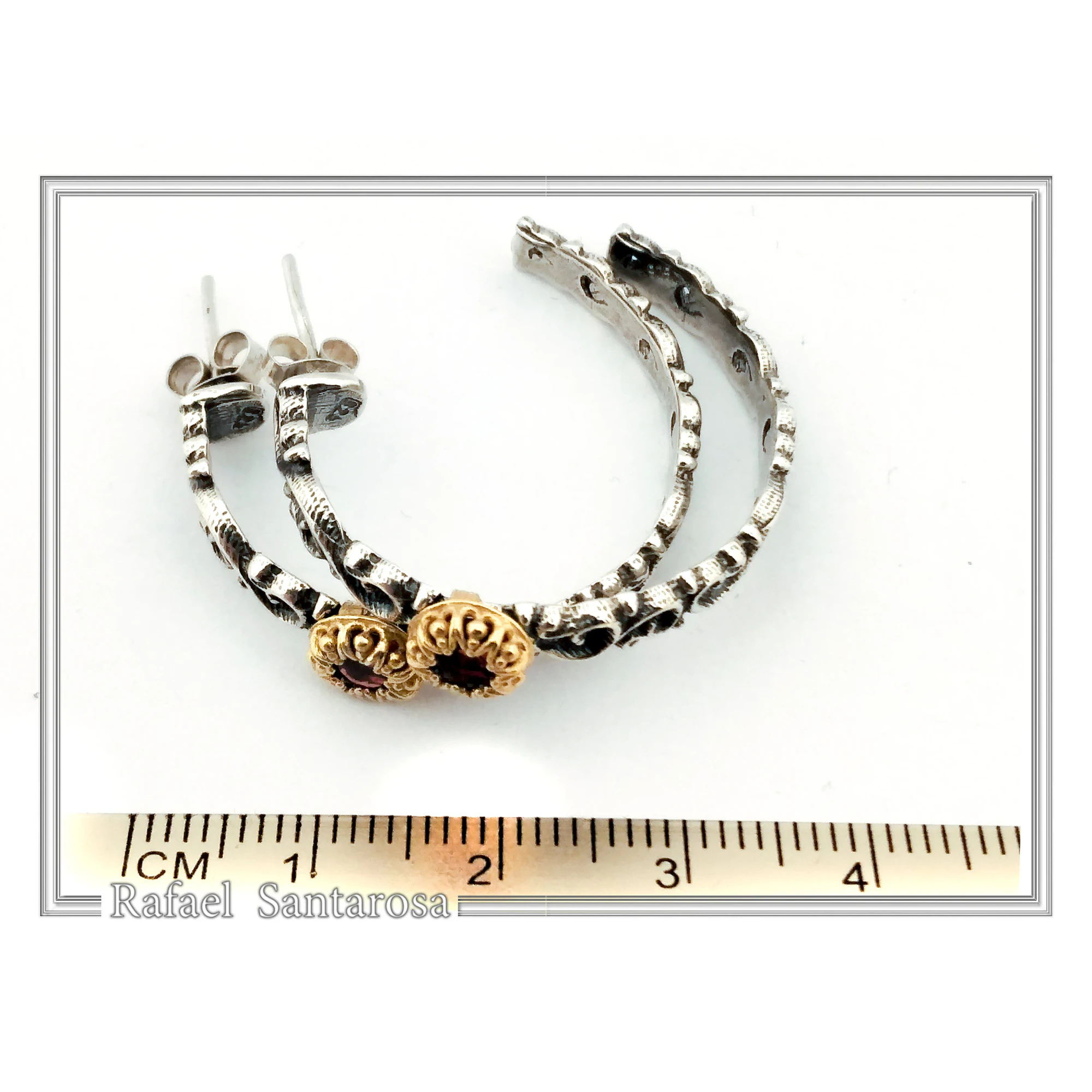 Natural Red Garnet Byzantine sculpture decorated Hoop Earrings: Oxidized & 18K Gold Filled Sterling Silver — additional product image 8 from Rafael Santarosa Fine Jewelry