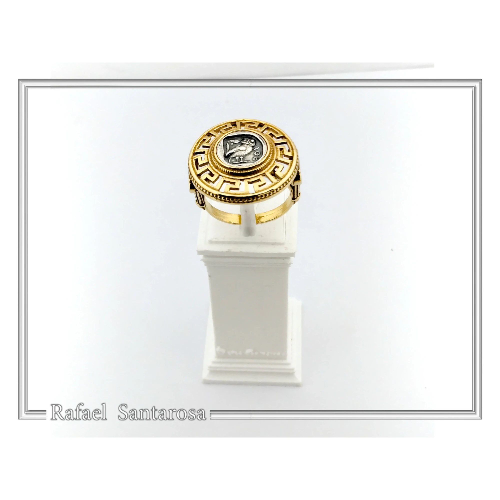 Athena Owl Coin Greek Key Ring with Greek Columns: Oxidized & Gold Filled Sterling Silver — additional product image 6 from Rafael Santarosa Fine Jewelry