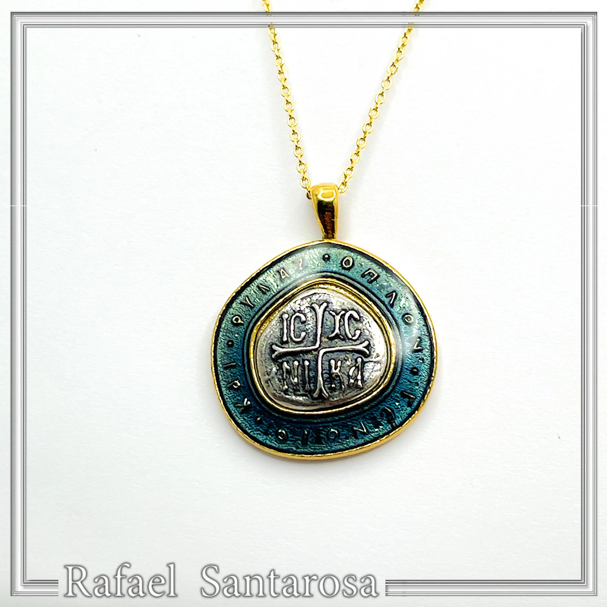 Byzantine Christian Prayer Talisman Necklace: Oxidized Sterling Silver, 18K Gold-Filled, Transparent Blue Enamel — additional product image 5 from Rafael Santarosa Fine Jewelry