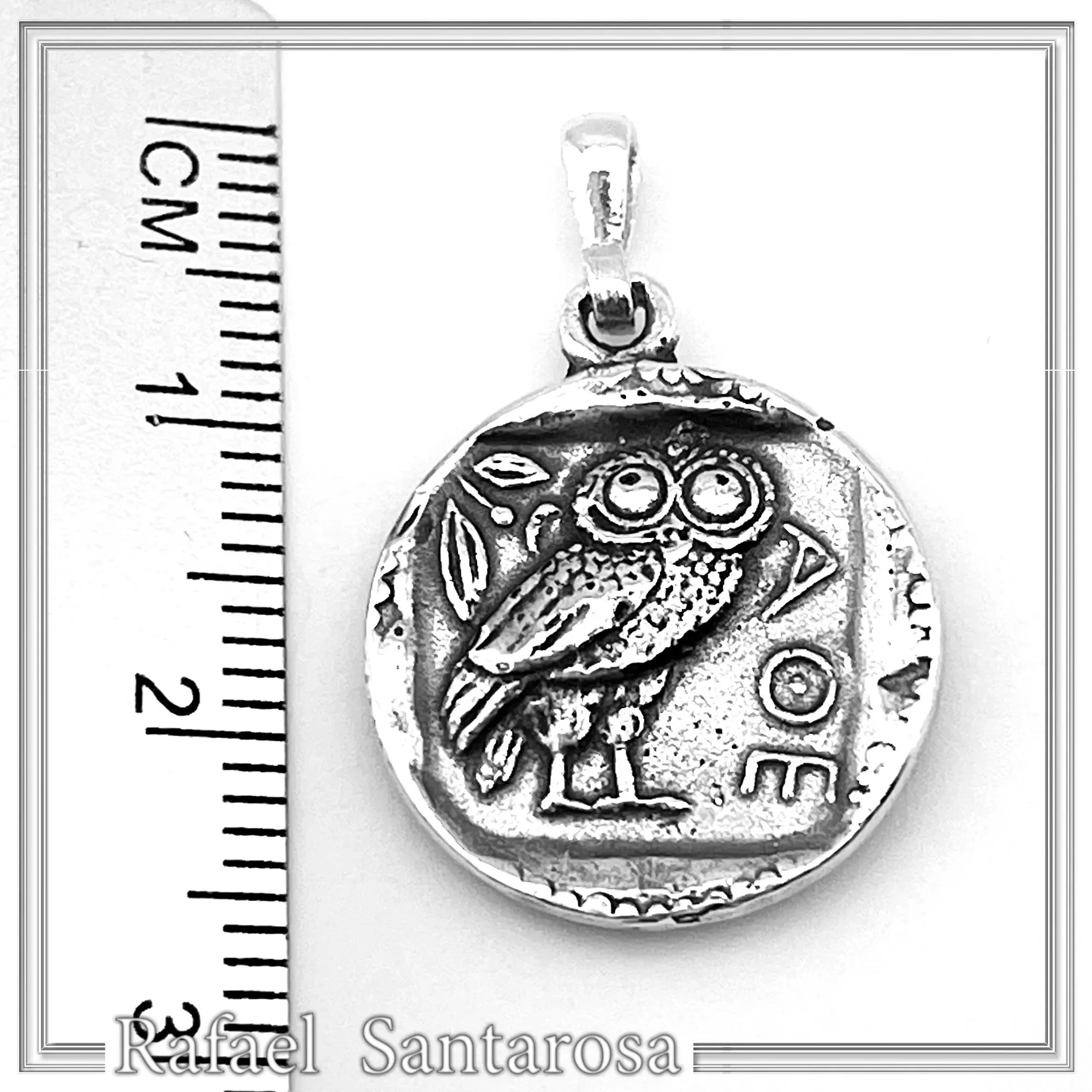 Ancient Greek Tetradrachm Owl Coin Pendant: Athena Wisdom Goddess Oxidized Sterling Silver Museum replica — additional product image 9 from Rafael Santarosa Fine Jewelry